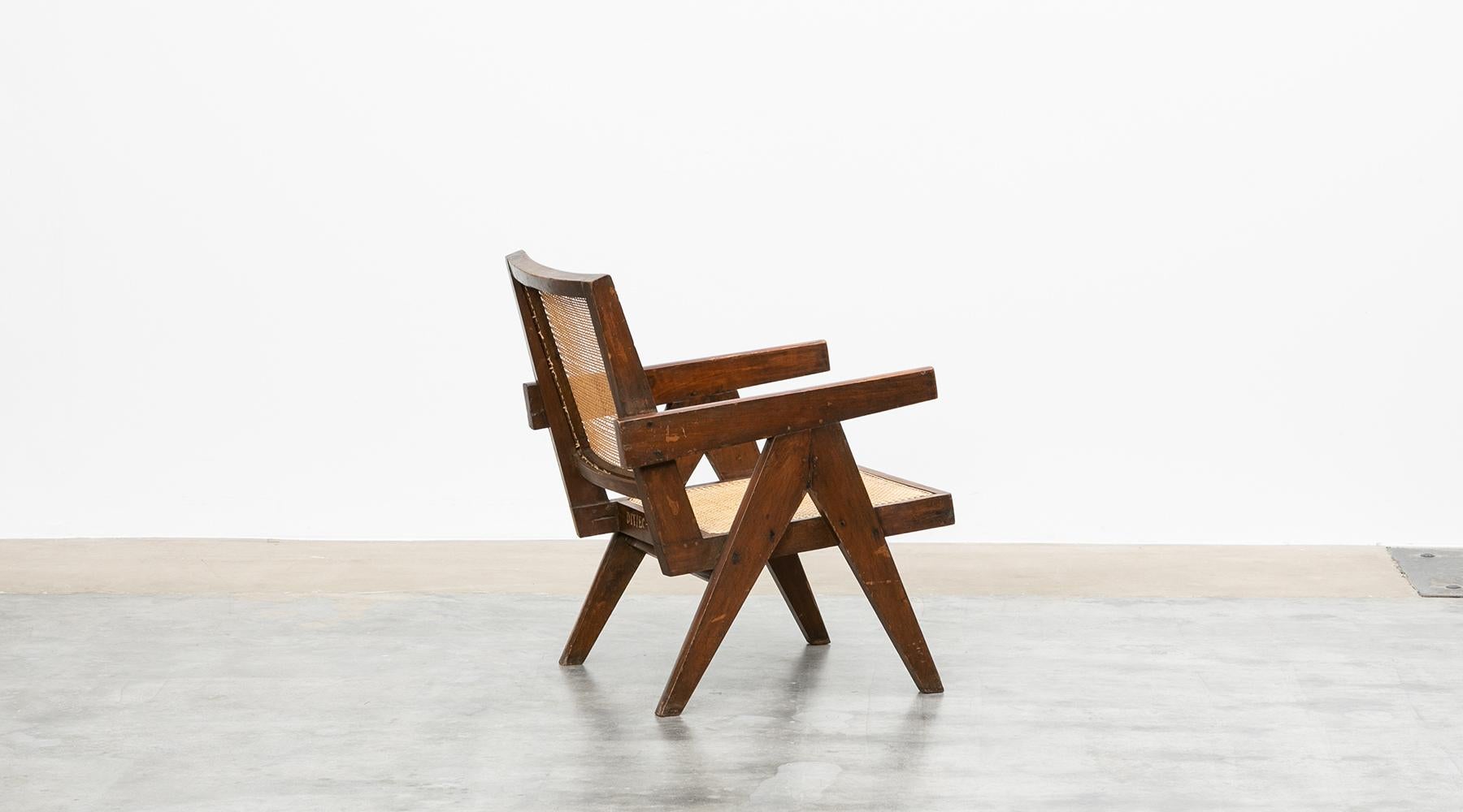 Mid-Century Modern Single 1950s Brown Wooden Teak and Cane Lounge Chair by Pierre Jeanneret For Sale