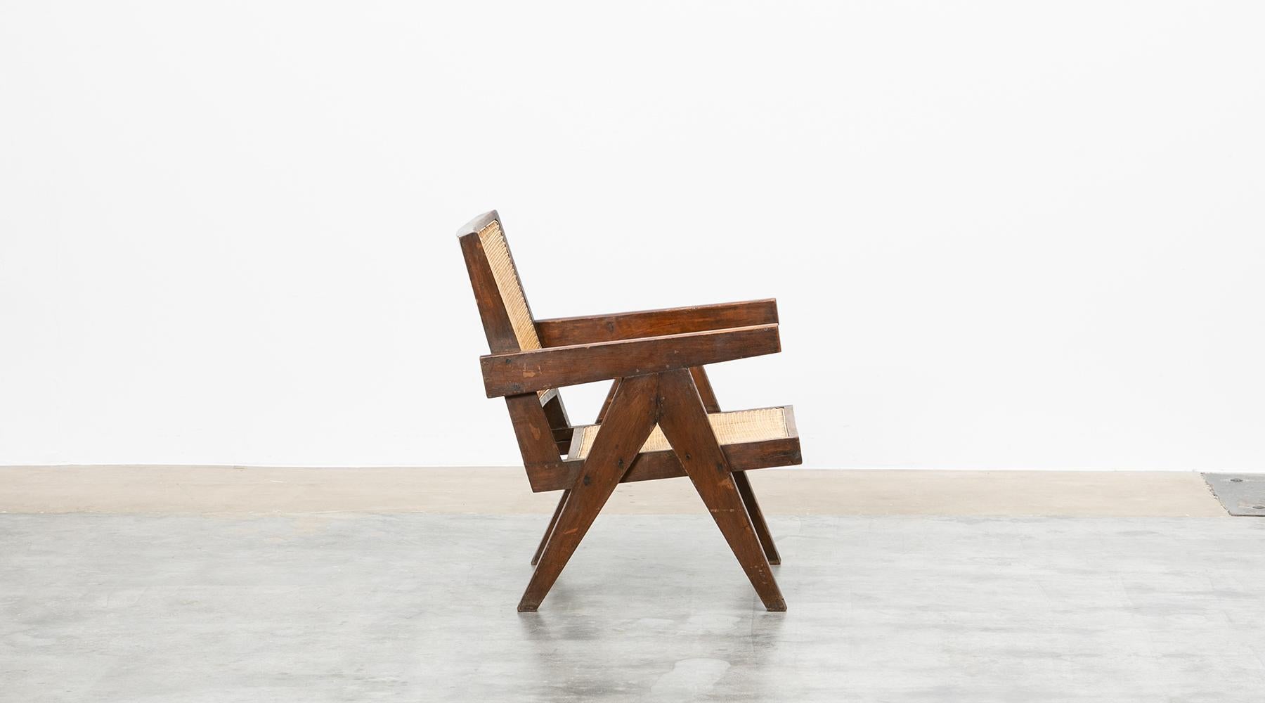 Indian Single 1950s Brown Wooden Teak and Cane Lounge Chair by Pierre Jeanneret For Sale
