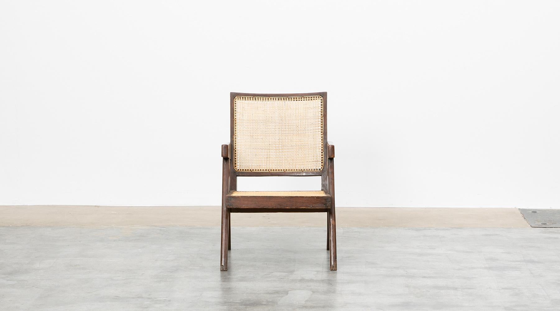 Mid-20th Century Single 1950s Brown Wooden Teak and Cane Lounge Chair by Pierre Jeanneret For Sale