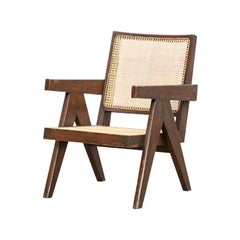 Single 1950s Brown Wooden Teak and Cane Lounge Chair by Pierre Jeanneret