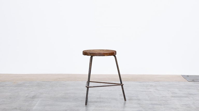 Mid-Century Modern Single 1960s brown wooden and metal Stool by Pierre Jeanneret For Sale