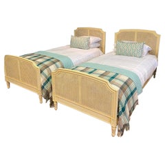 Single (3') Matching Pair of Antique French Painted Caned Bergere Beds