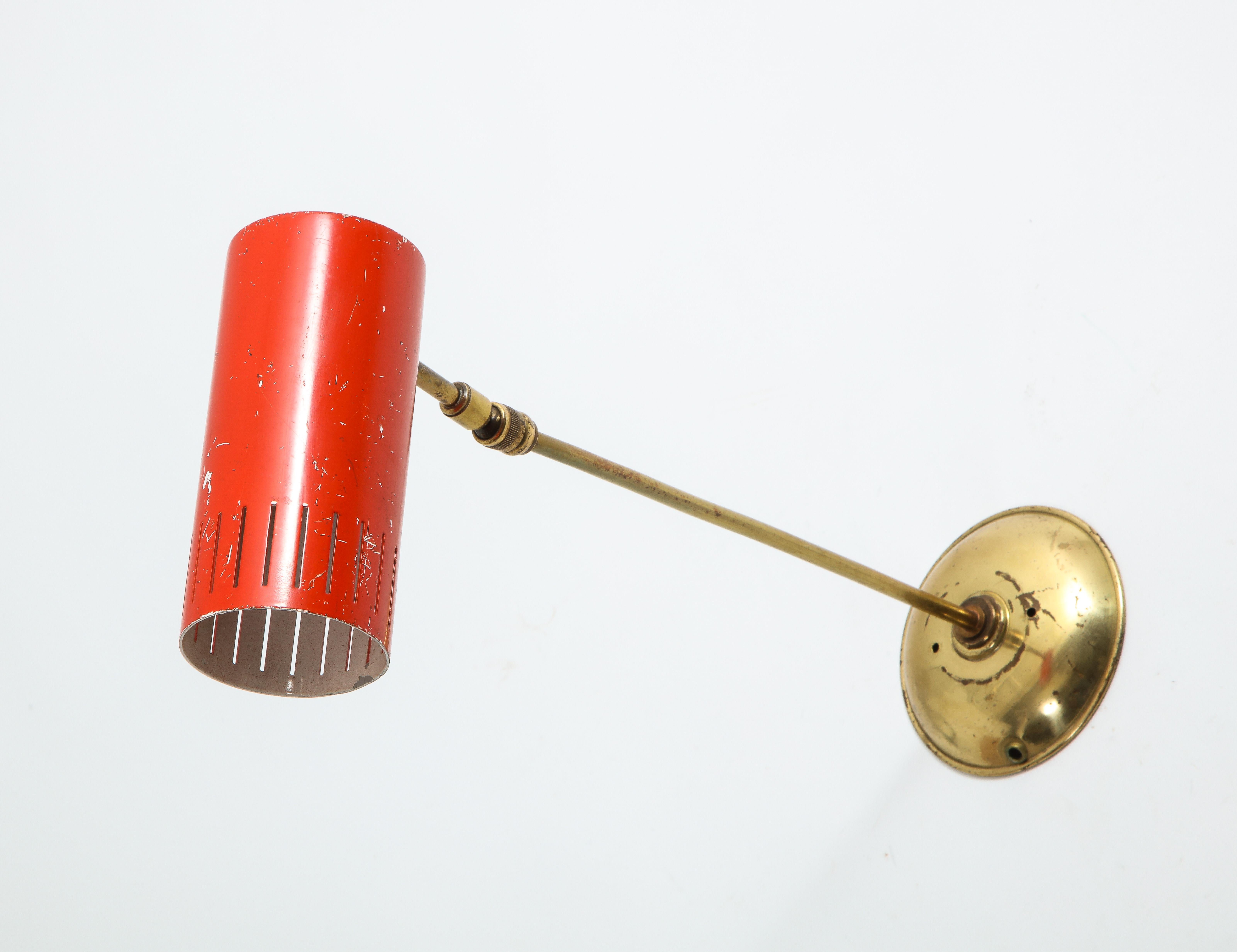 Patinated Single Adjustable Industrial Modern Lita Sconce with Red Shade For Sale