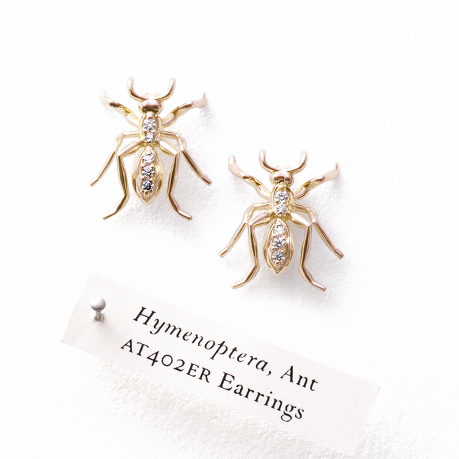 Artist Single Ant Earrings Yellow Gold Diamonds For Sale