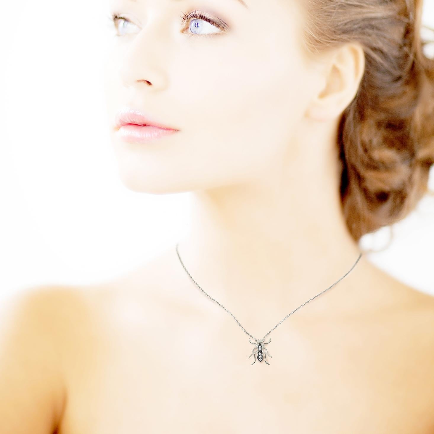 Women's Single Ant Pendant Necklace White Gold Black Rhodium and Diamonds For Sale