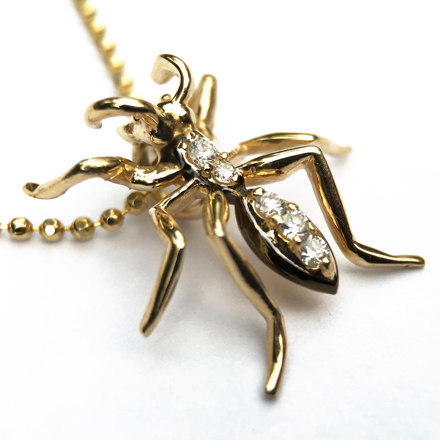 Women's Single Ant Pendant Necklace Yellow Gold Black Rhodium Diamonds For Sale