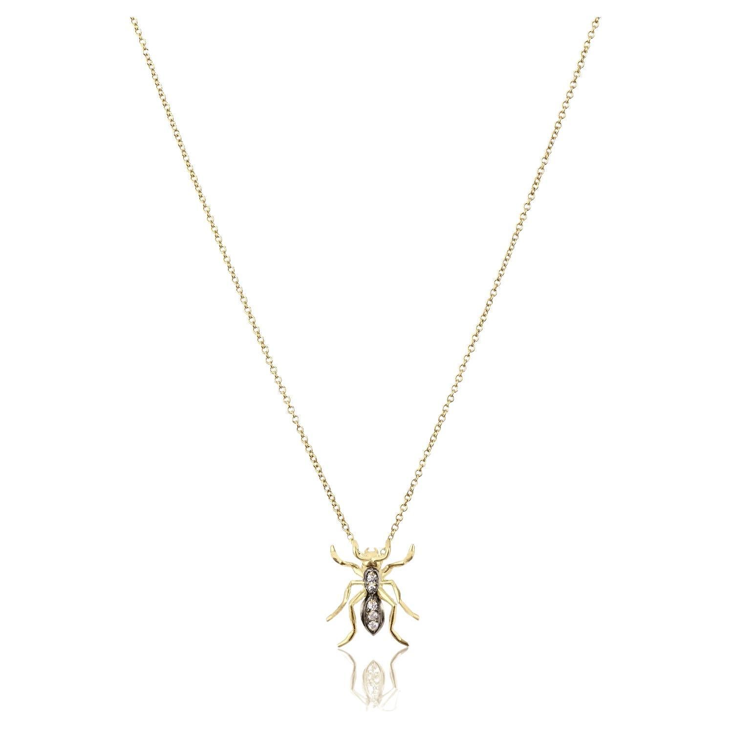 Einzelner Ameisenanhänger Halskette Gelbgold Schwarzer Rhodium Diamanten im Angebot