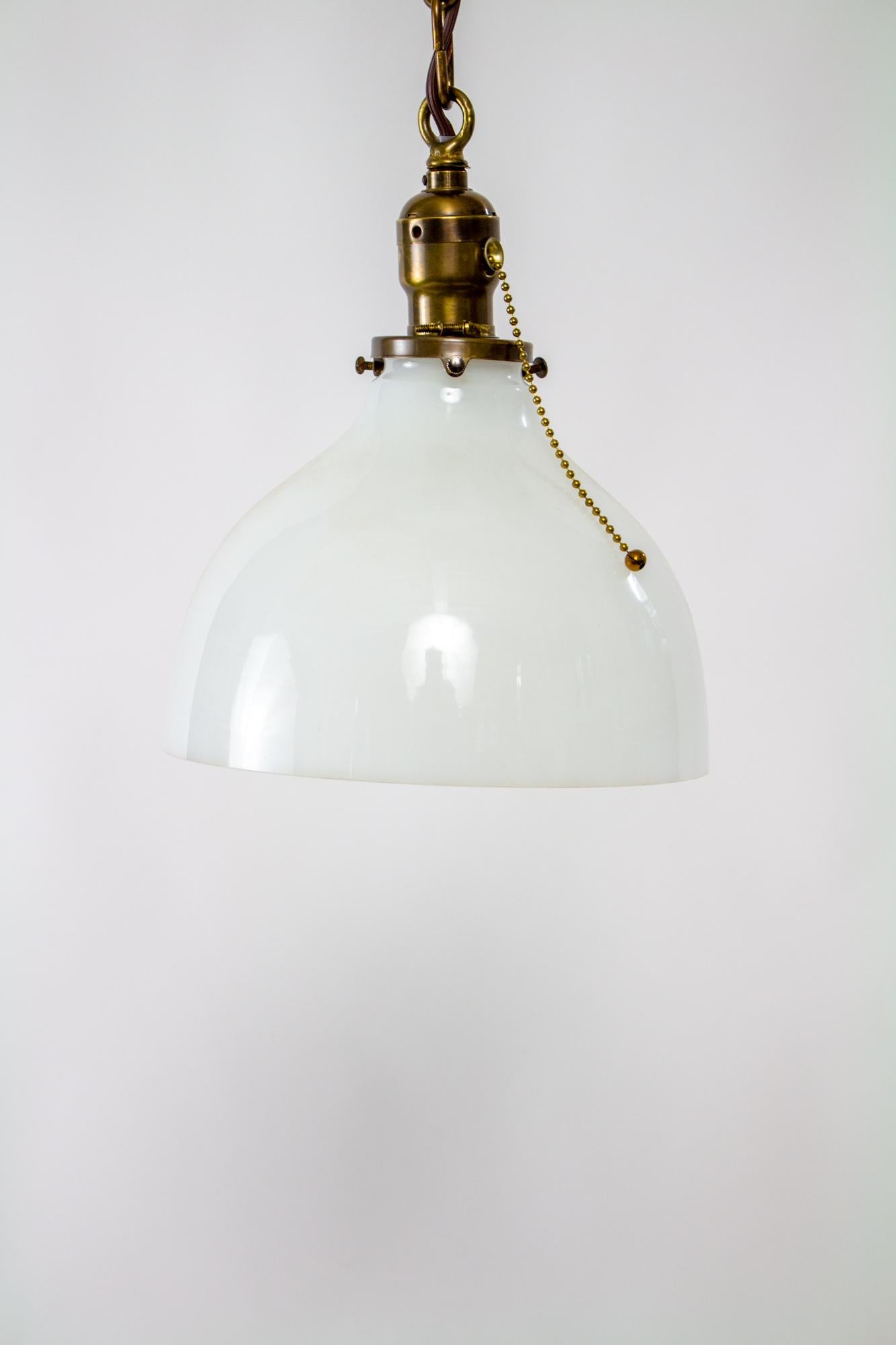 American Classical Single Antique Brass Pendant with Old Milk Glass For Sale