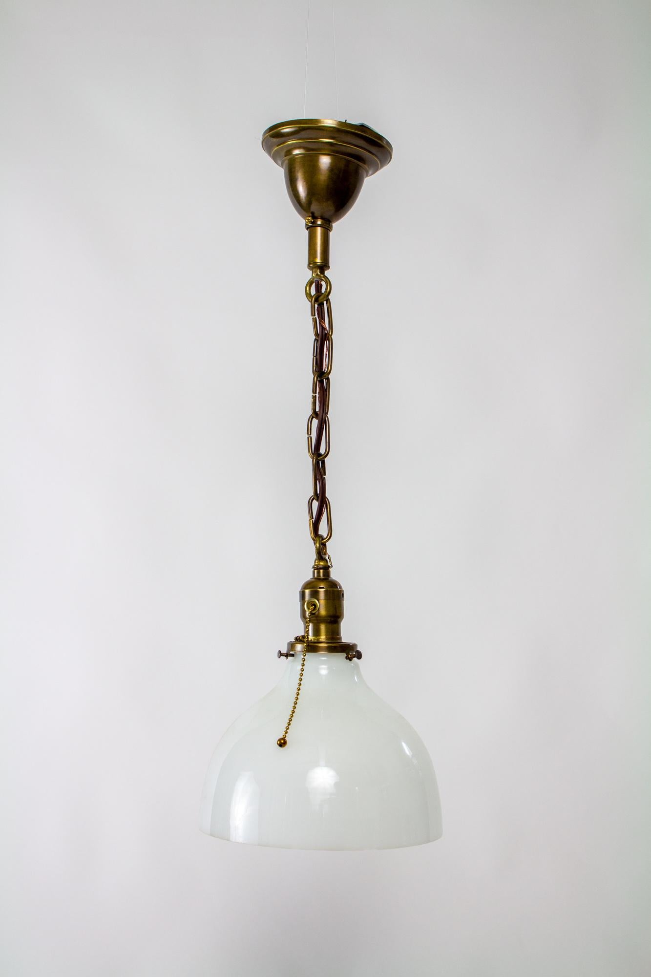 Single Antique Brass Pendant with Old Milk Glass In Good Condition For Sale In Canton, MA