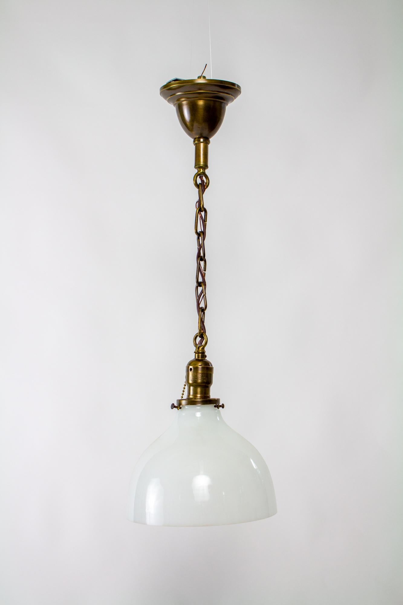 20th Century Single Antique Brass Pendant with Old Milk Glass For Sale