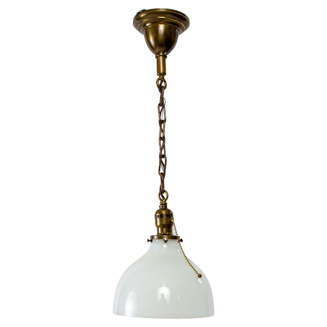 Single Antique Brass Pendant with Old Milk Glass For Sale