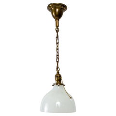 Single Antique Brass Pendant with Old Milk Glass