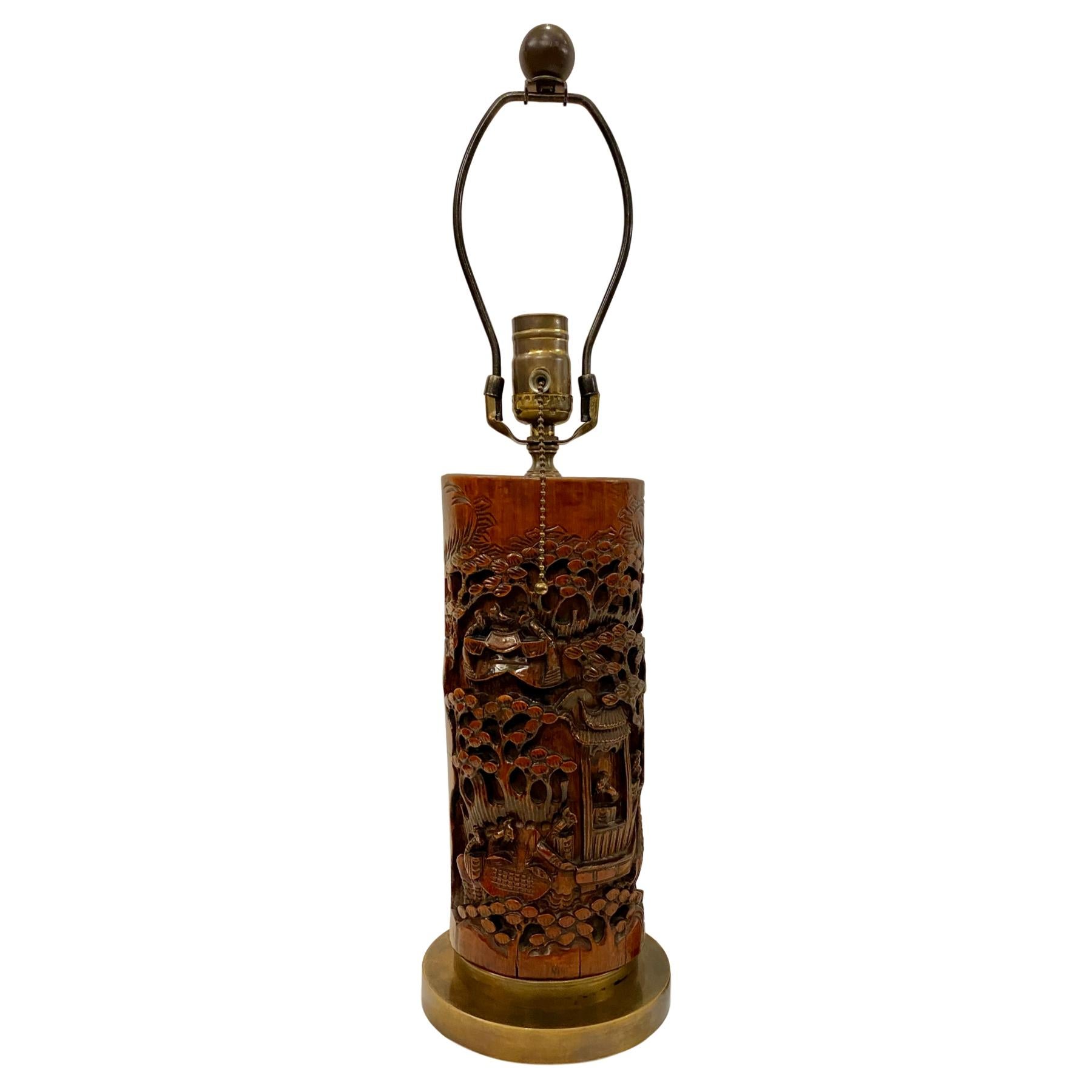 Hand-Carved Single Antique Carved Chinese Wood Table Lamp For Sale