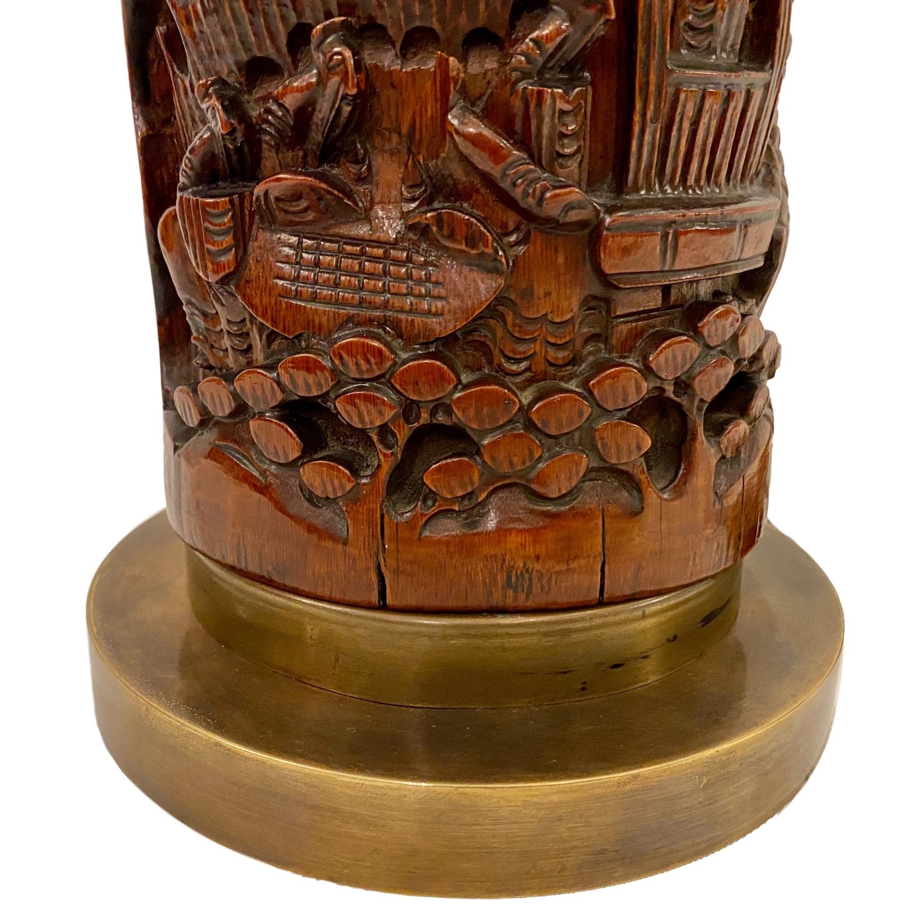 Single Antique Carved Chinese Wood Table Lamp In Good Condition For Sale In New York, NY