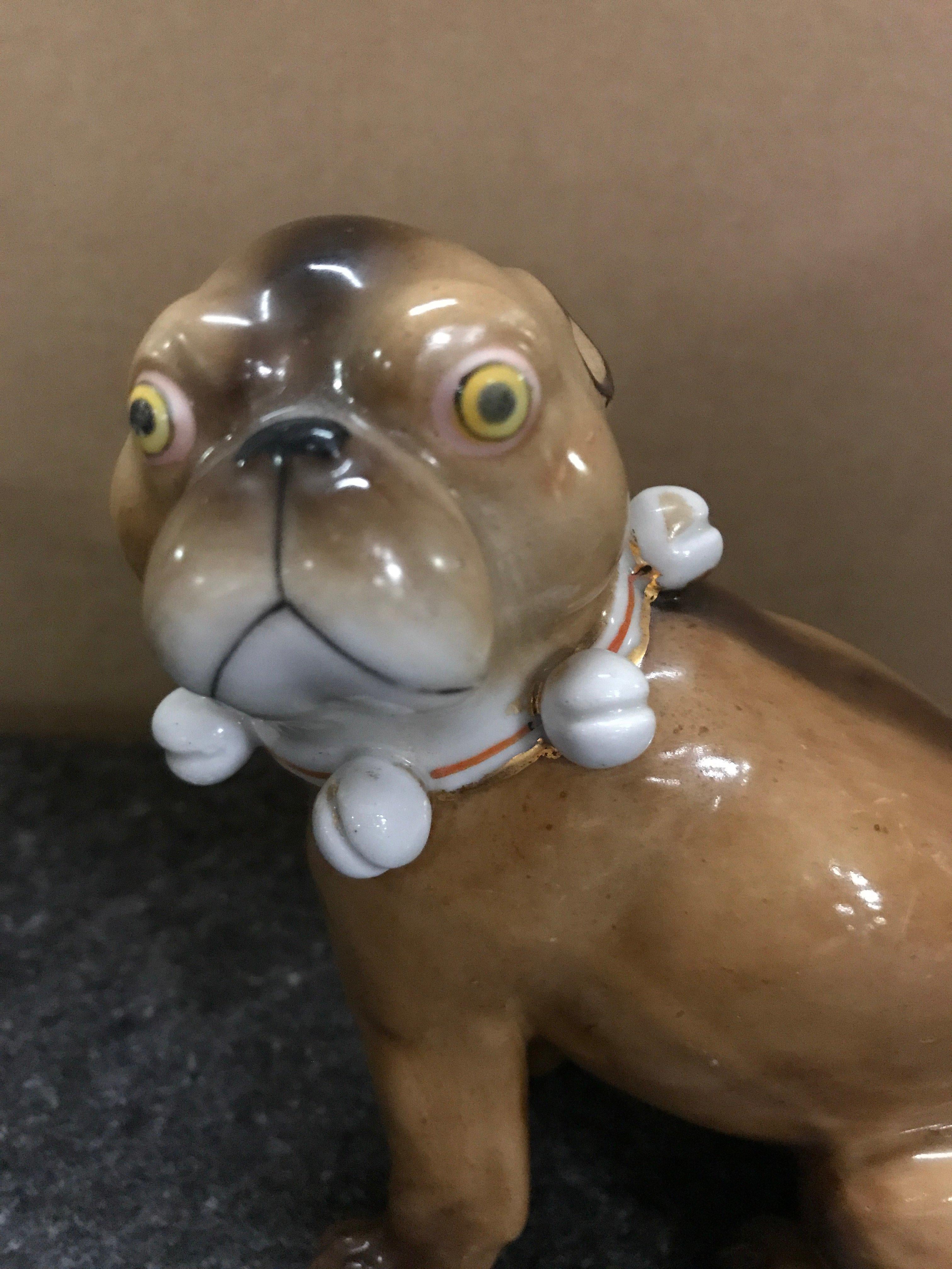 Hand-Painted Single Antique German Porcelain Seated Pug Dog For Sale