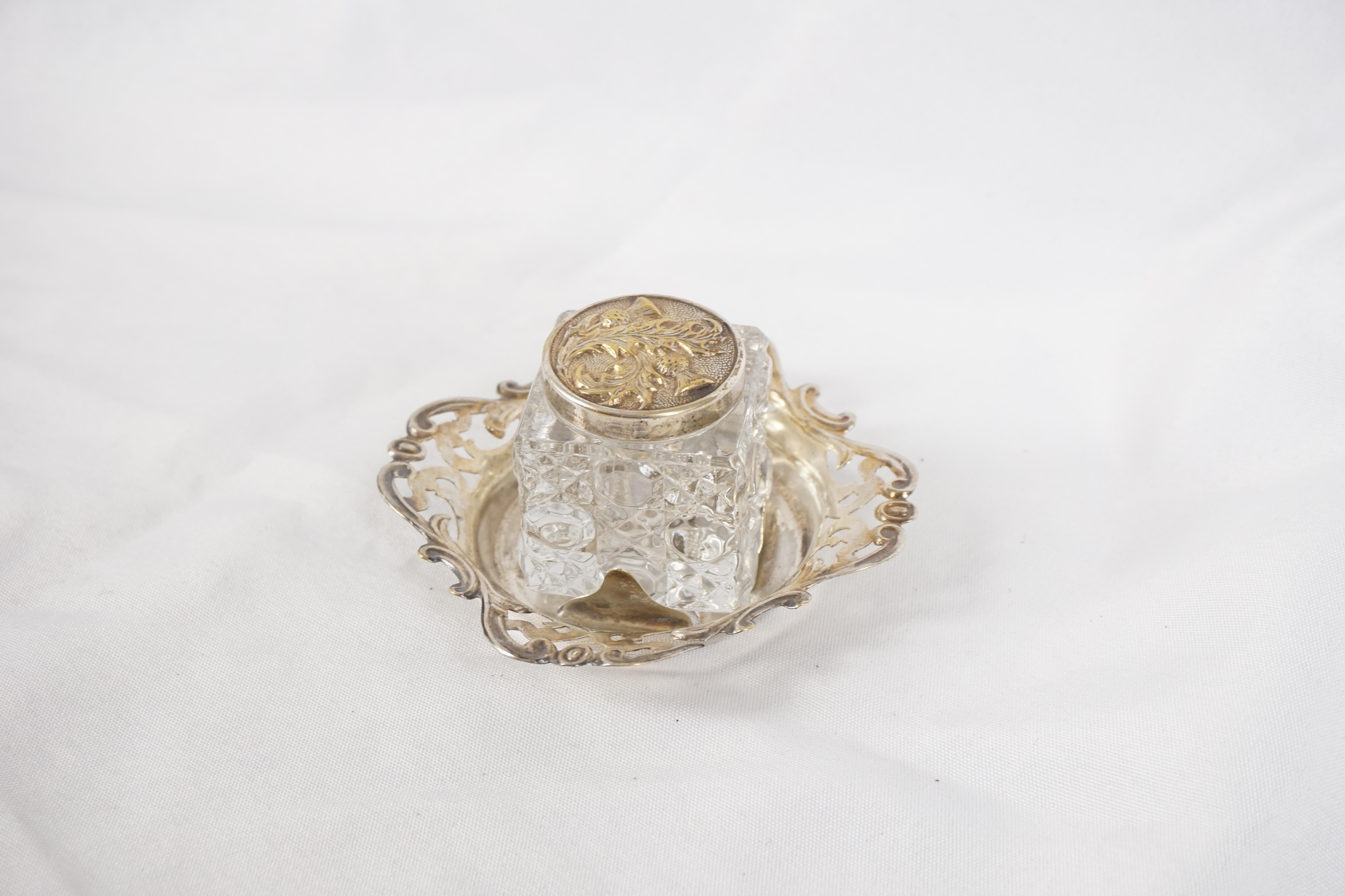 Single Antique Inkwell, Silver Plated Inkstand, Scotland 1900, B2809 In Good Condition In Vancouver, BC