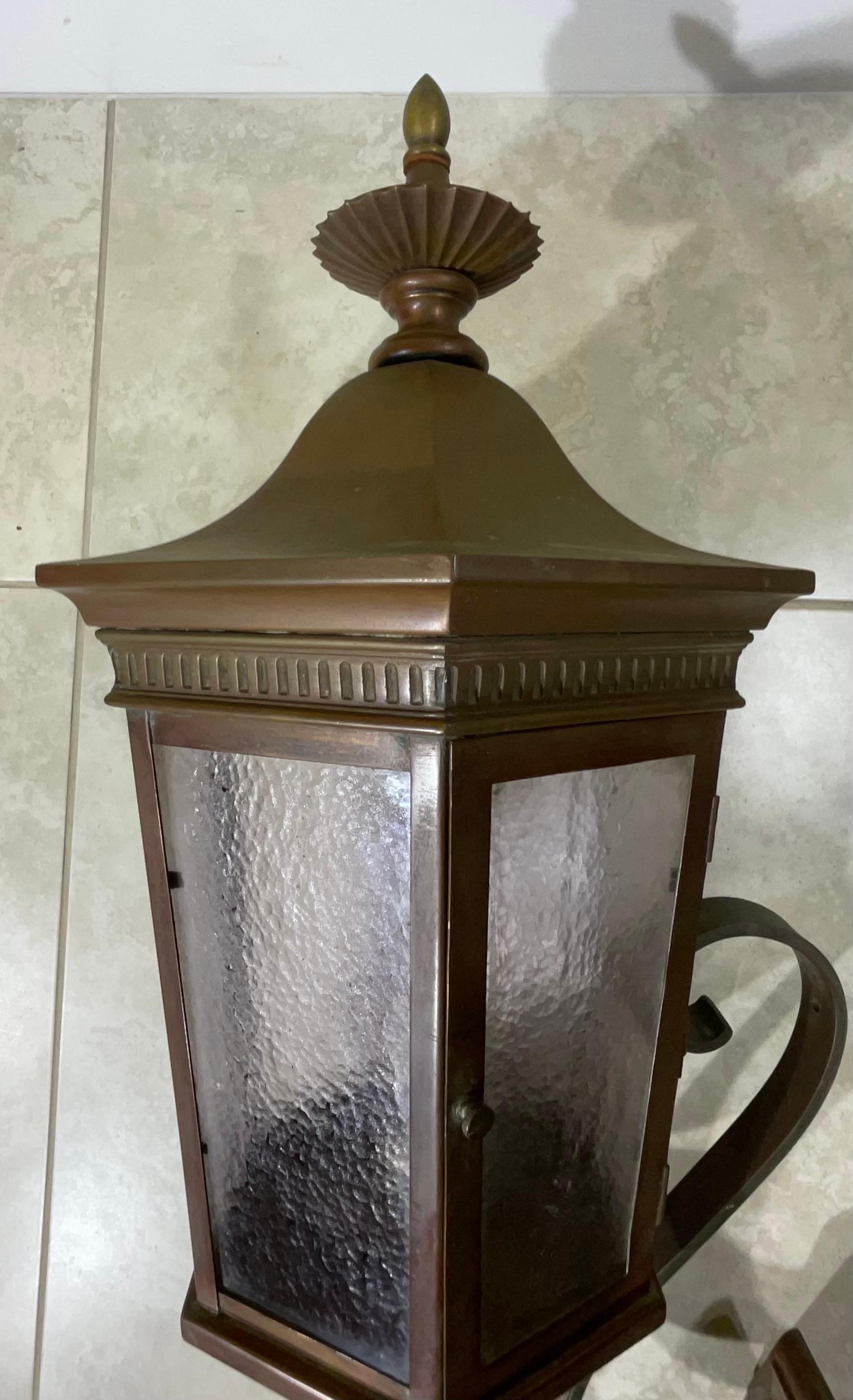 Single Antique One Of A Kind  Handcrafted Solid Copper And Bronze Wall Lantern In Good Condition For Sale In Delray Beach, FL