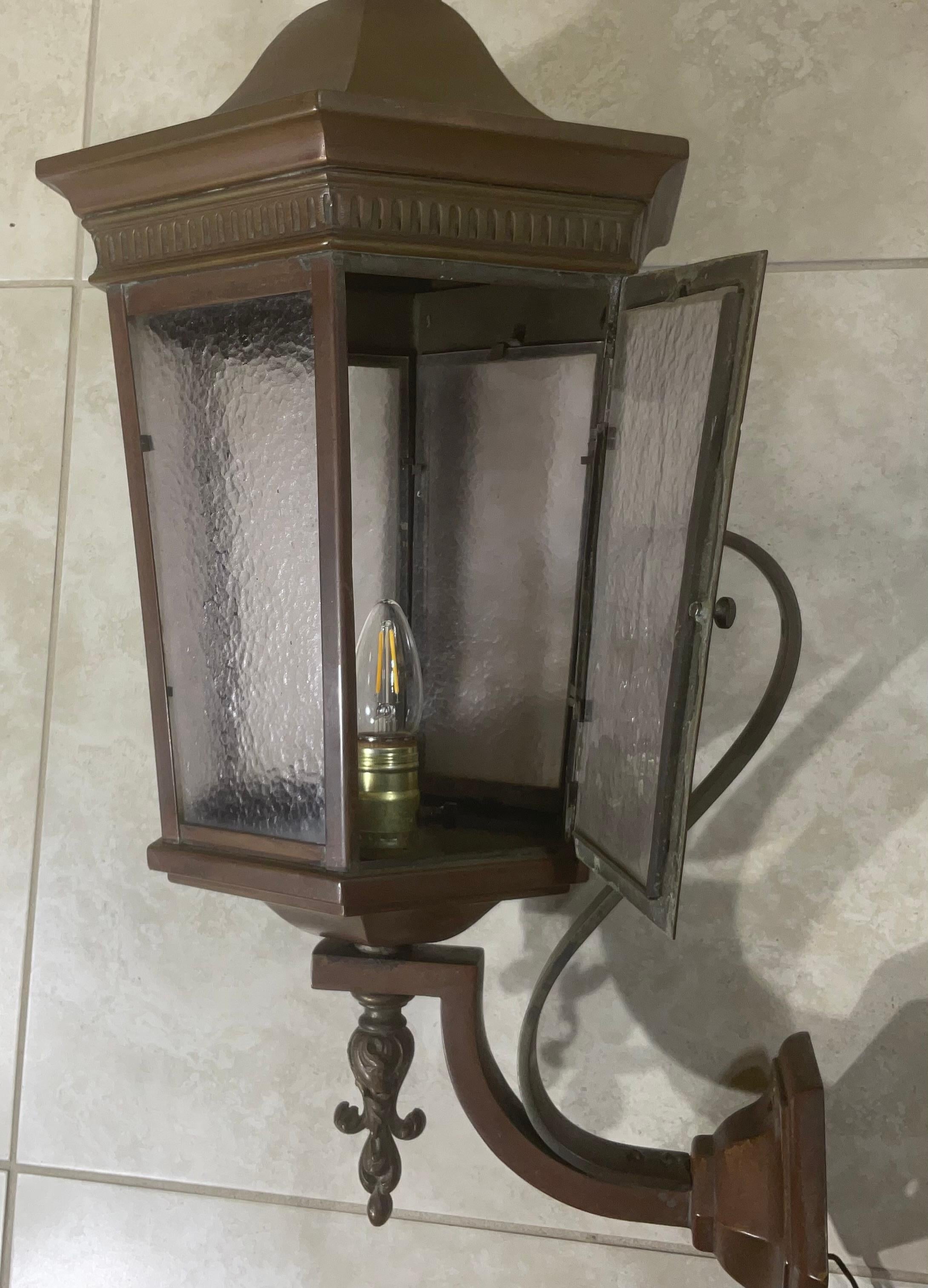 Single Antique One Of A Kind  Handcrafted Solid Copper And Bronze Wall Lantern For Sale 2