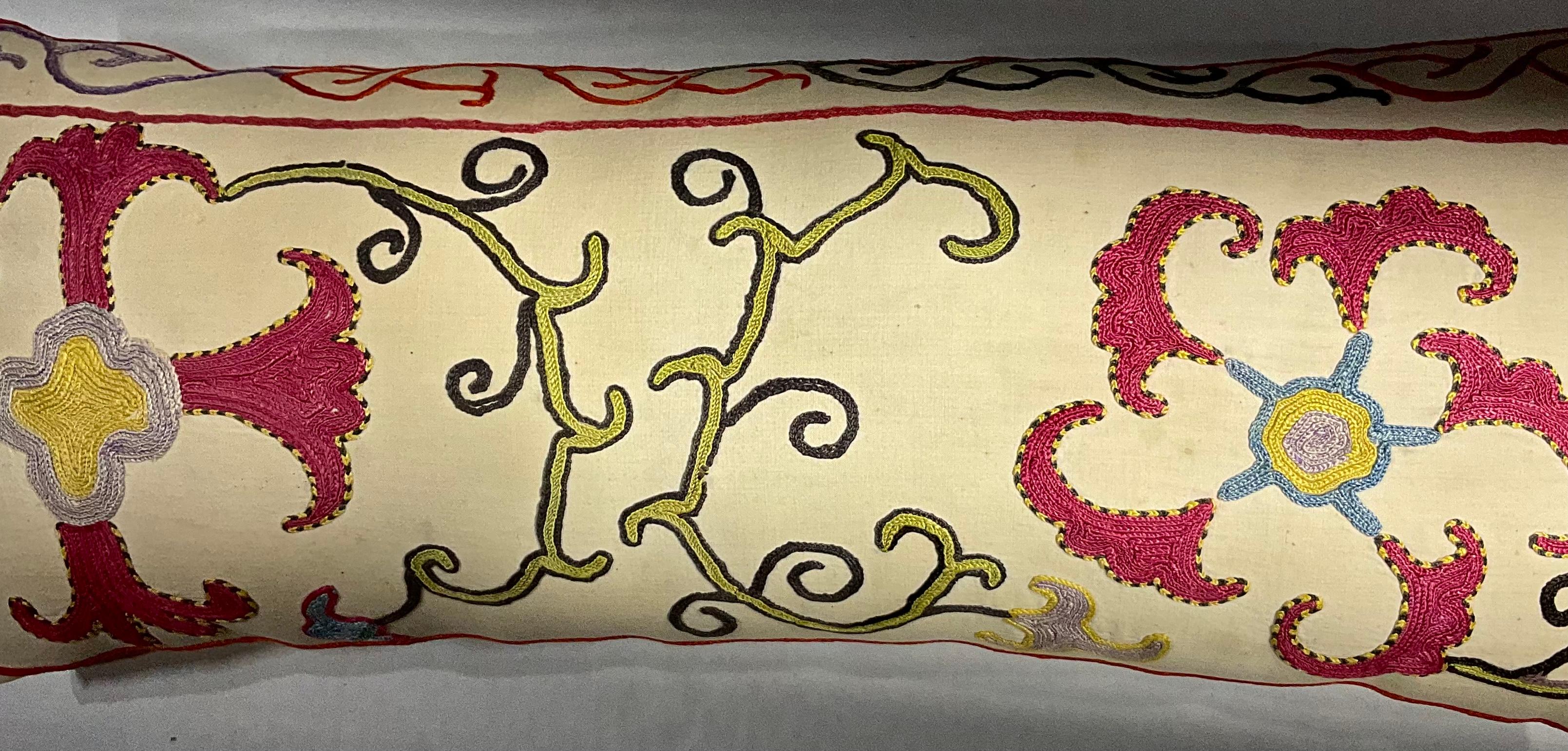 Hand-Knotted Single Antique Silk Embroidery Suzani Pillow For Sale