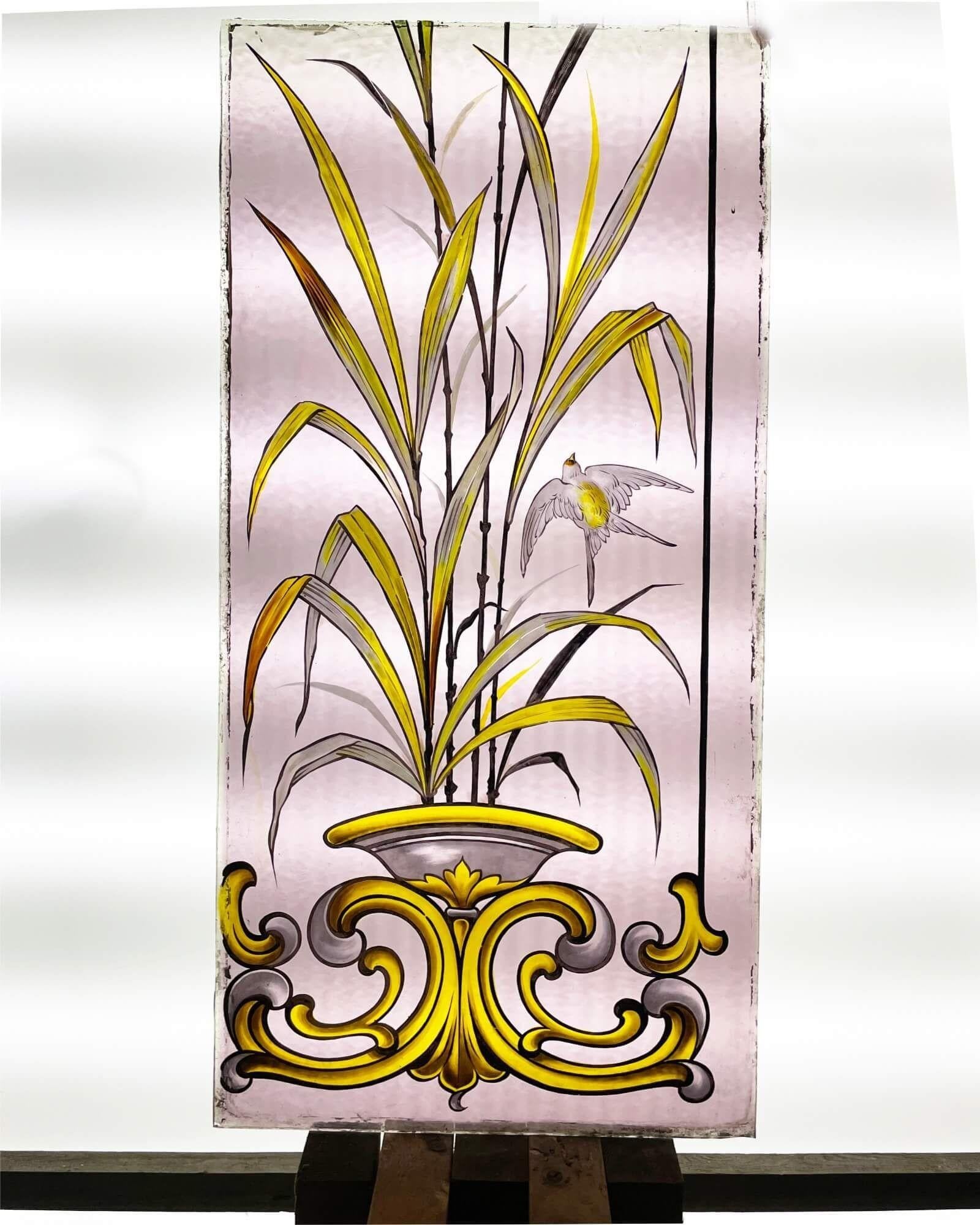 English Single Antique Stained Glass Panel Depicting Garden Scene For Sale