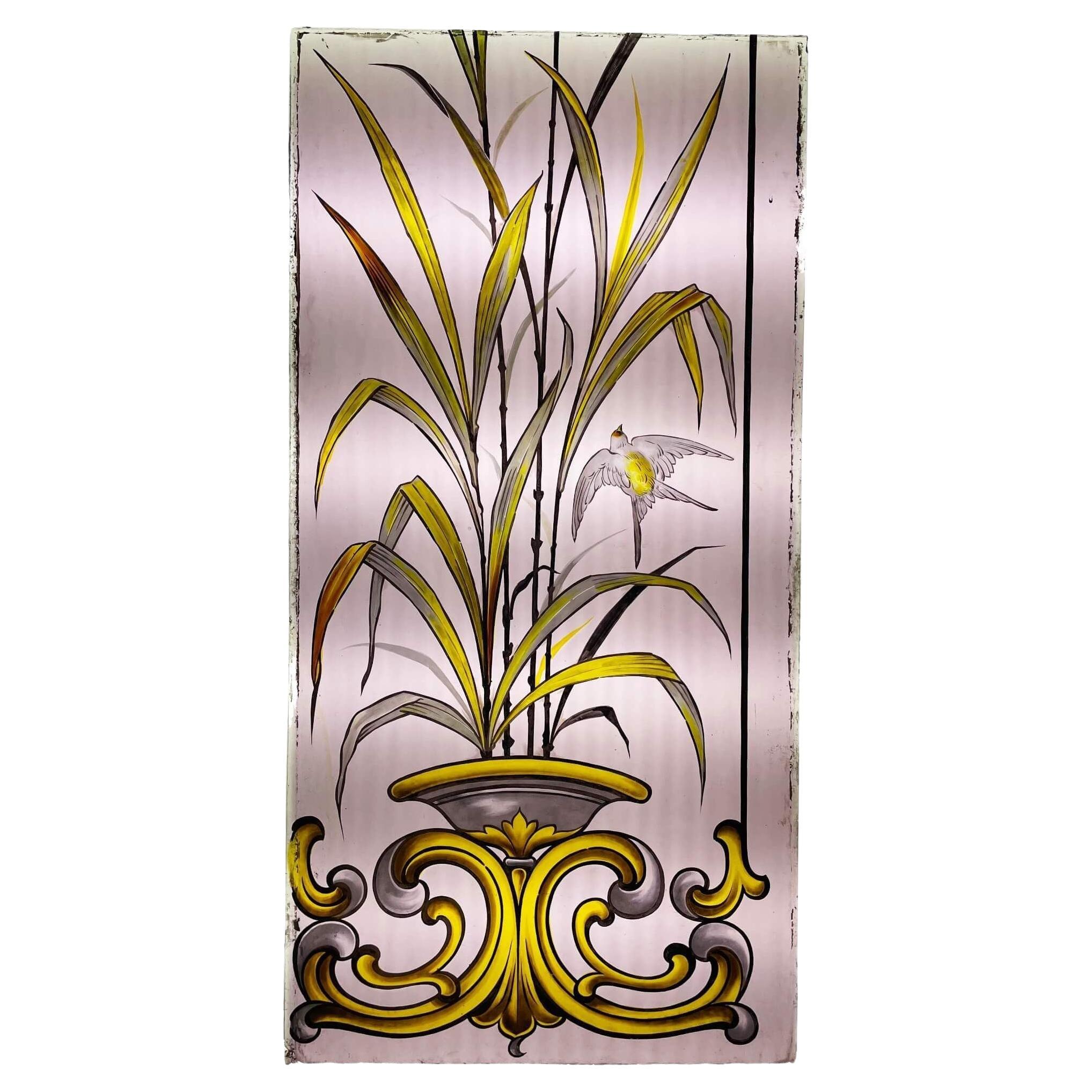 Einzelne antike Glasmalerei-Tafel mit der Darstellung einer Gartenszene