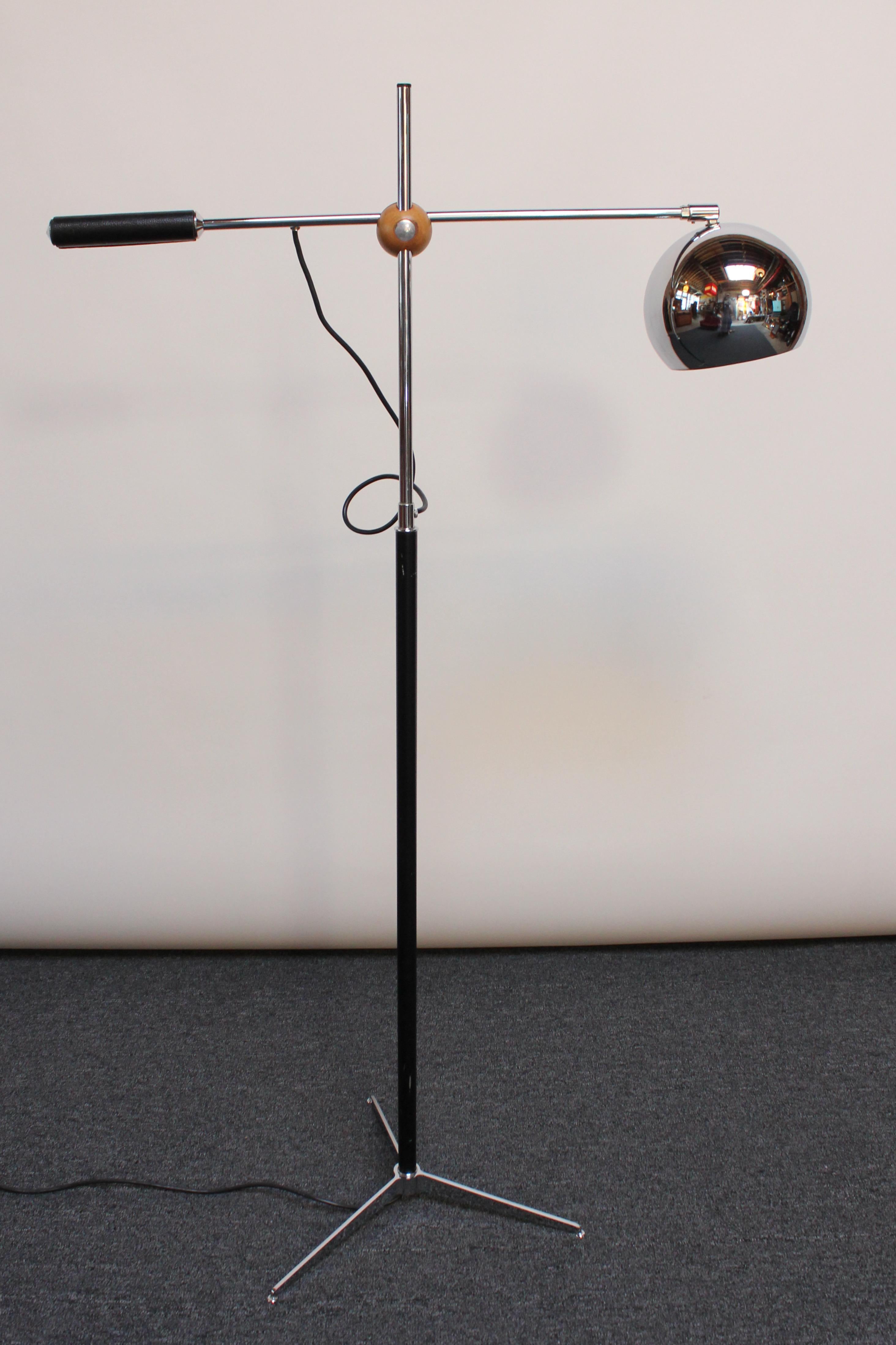 Italian Single-Arm Counterbalance Chrome Globe Floor Lamp by Arteluce For Sale