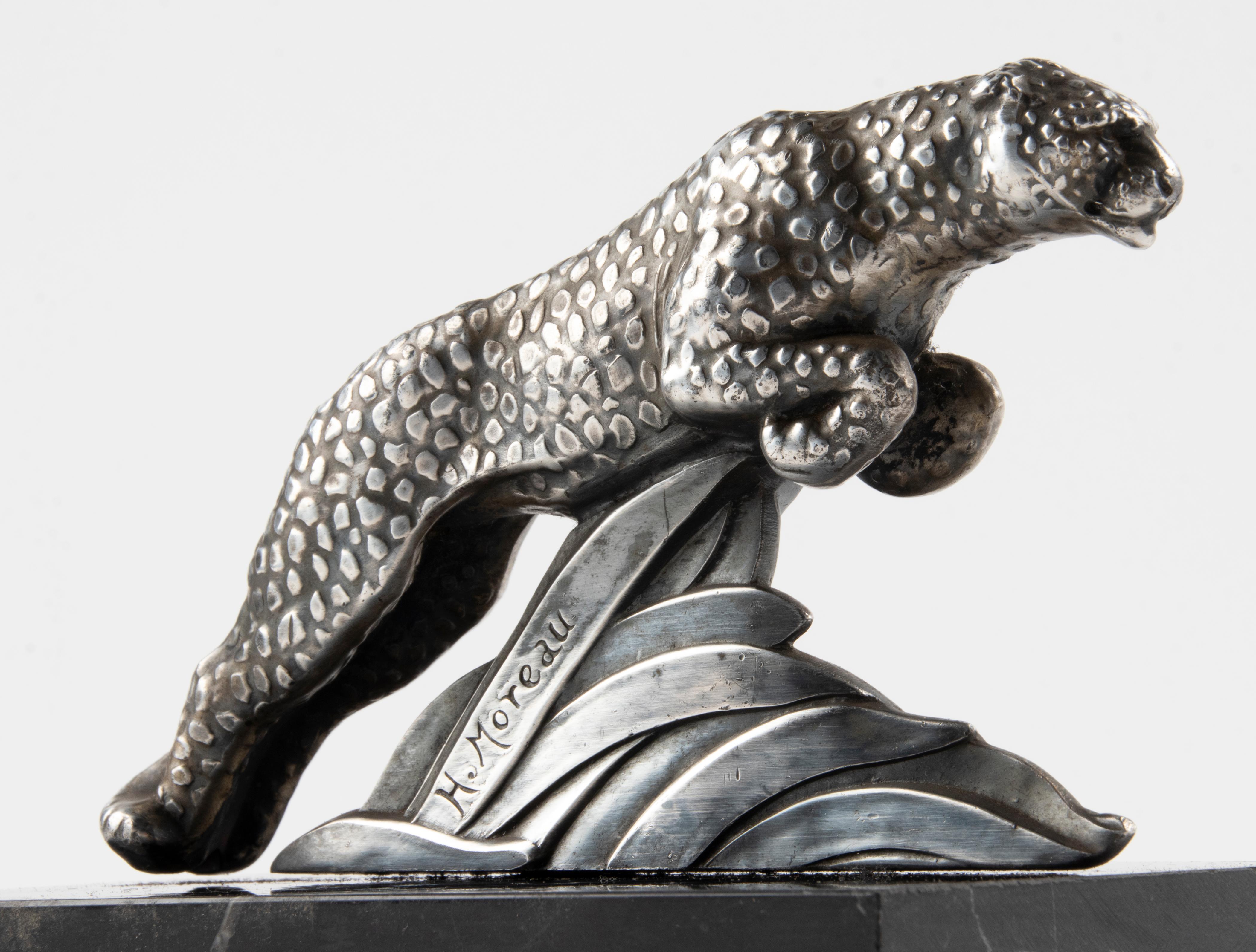 French Single Art Deco Book End with Jaguar Sculpture Signed H. Moreau