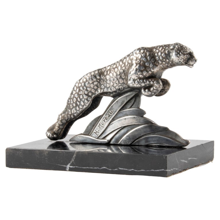 Single Art Deco Book End with Jaguar Sculpture Signed H. Moreau at 1stDibs