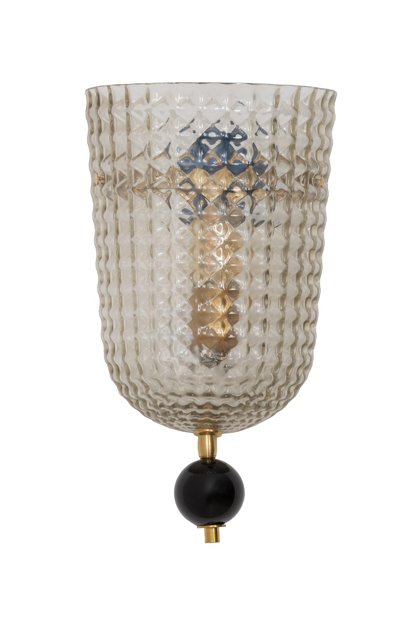 Single  Art Deco style Murano glass demilune wall sconce, in stock
Black glass sphere and brass fittings.
Textured Murano glass,
Wired to the American standard
Located in our store in Miami ready for shipping.
Free shipping Continental US 
Standard