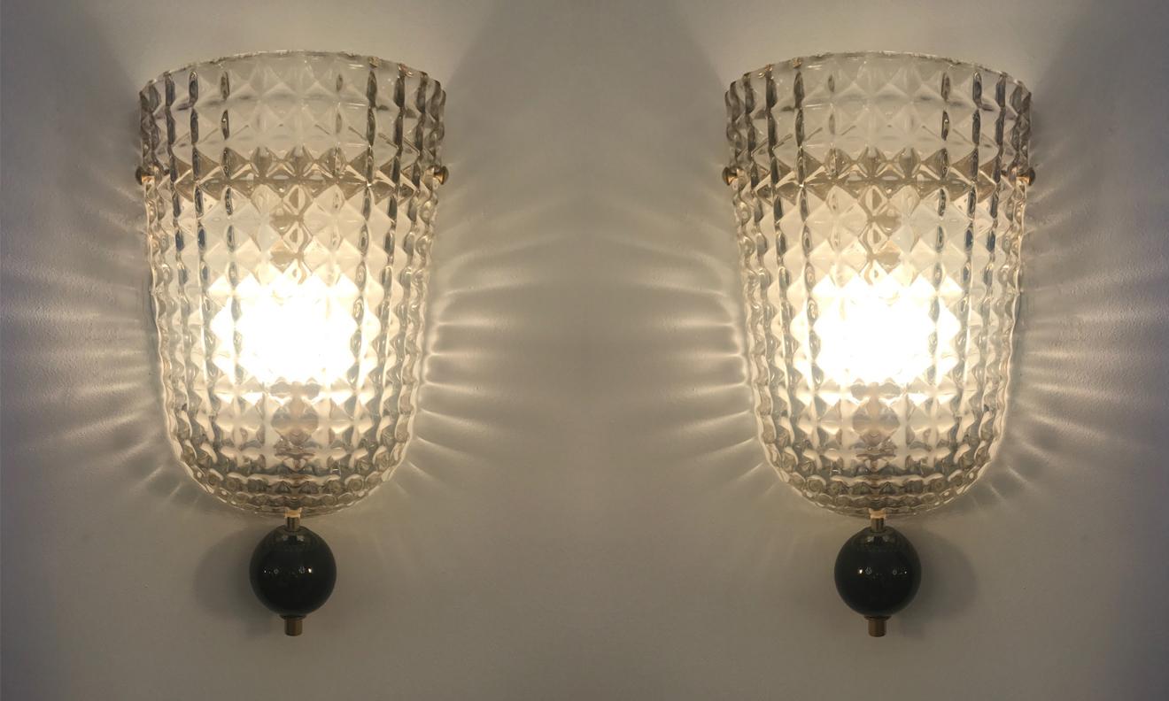 Brass Single Art Deco Style Murano Glass Demilune Wall Light, in Stock