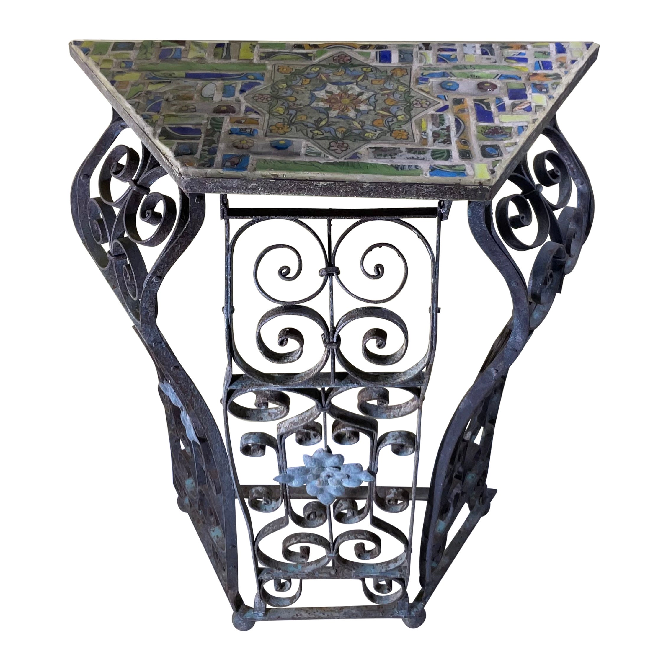 Consolle singola Artistics in ferro battuto a mano e piastrelle in ceramica