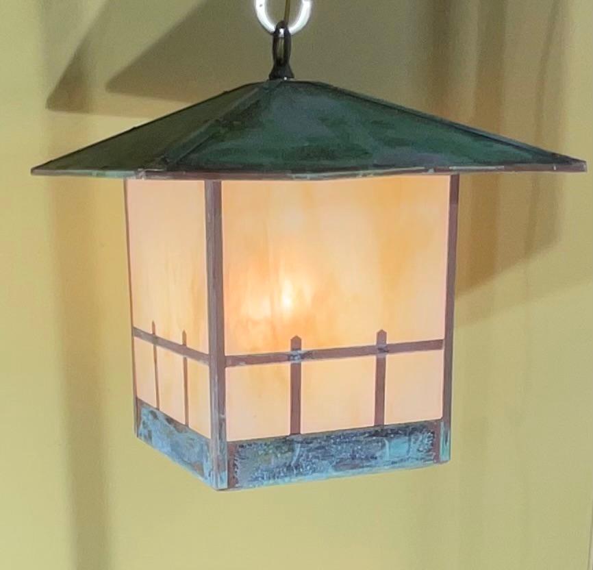 Single Arts & Crafts Brass Lantern  Pendant Light with  Art Glass For Sale 5