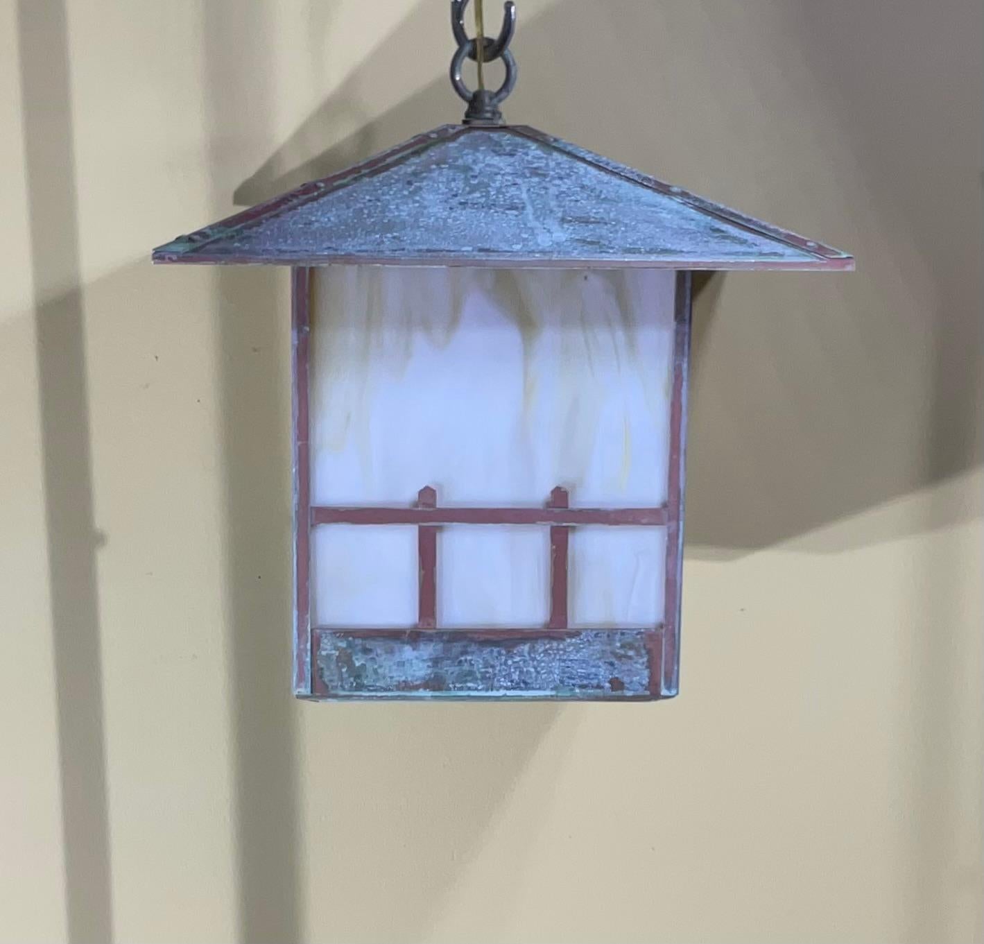 Single Arts & Crafts Brass Lantern  Pendant Light with  Art Glass For Sale 6