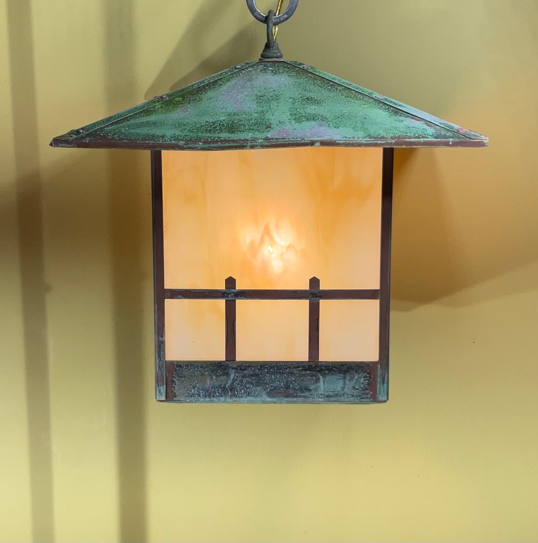 Single Arts & Crafts Brass Lantern  Pendant Light with  Art Glass For Sale 6