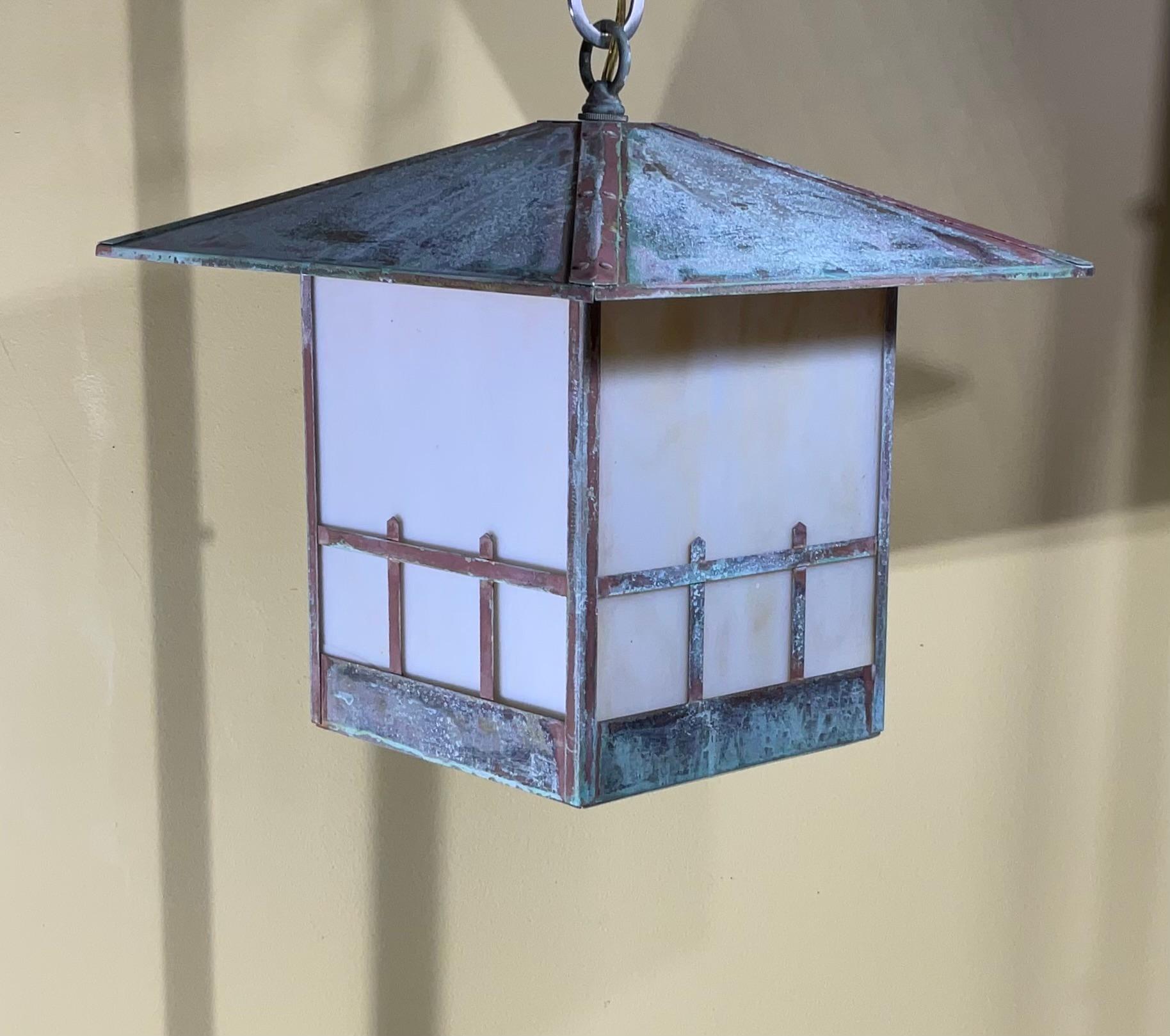Single Arts & Crafts Brass Lantern  Pendant Light with  Art Glass For Sale 7