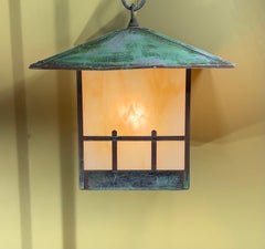 Single Arts & Crafts Brass Lantern  Pendant Light with  Art Glass