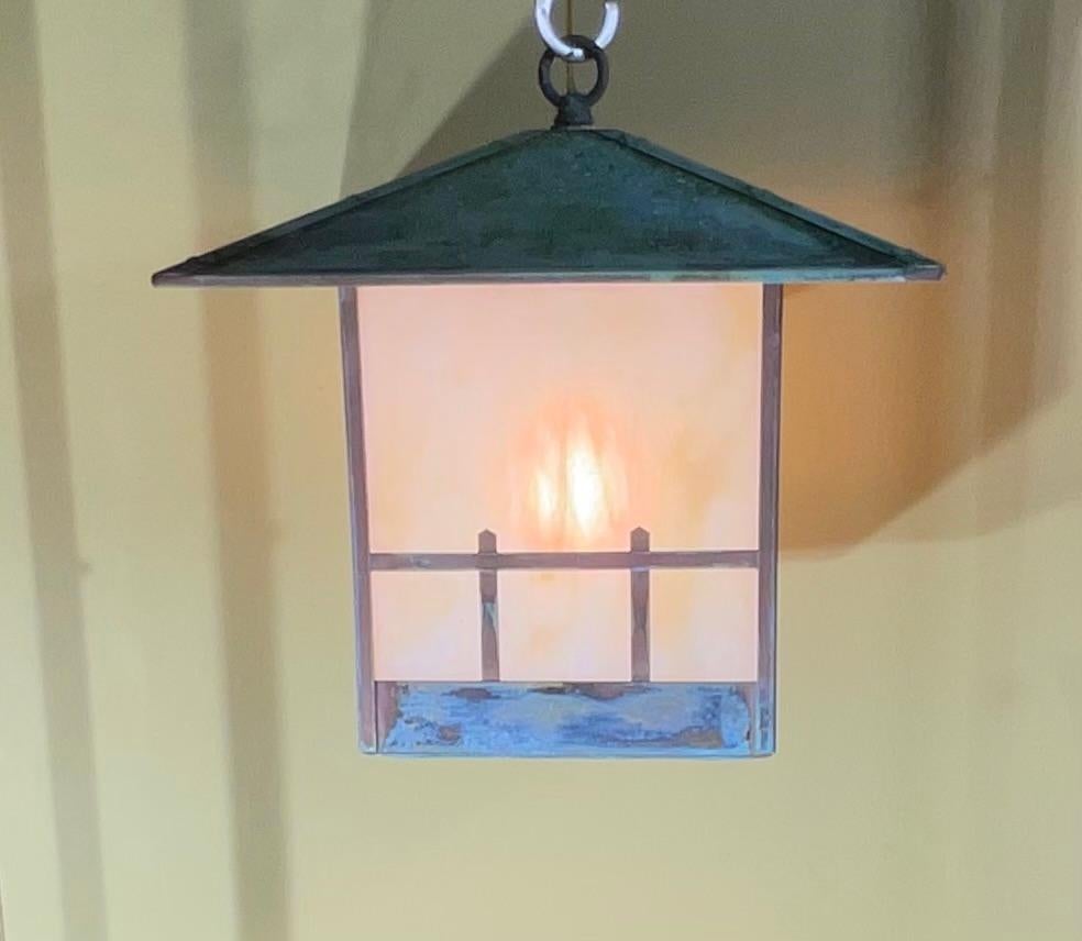 Arts and Crafts Single Arts & Crafts Brass Lantern  Pendant Light with  Art Glass For Sale