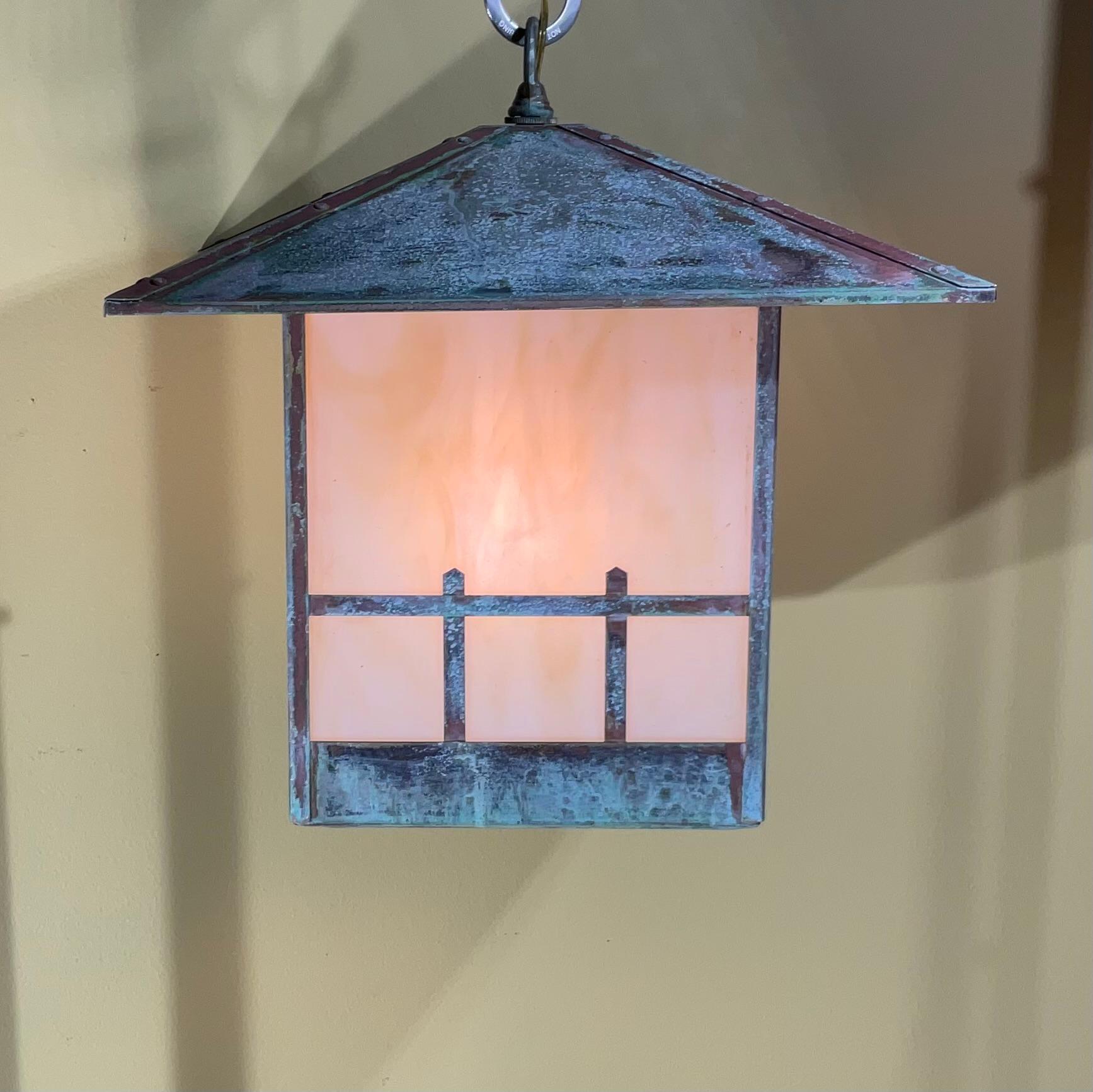 American Single Arts & Crafts Brass Lantern  Pendant Light with  Art Glass For Sale