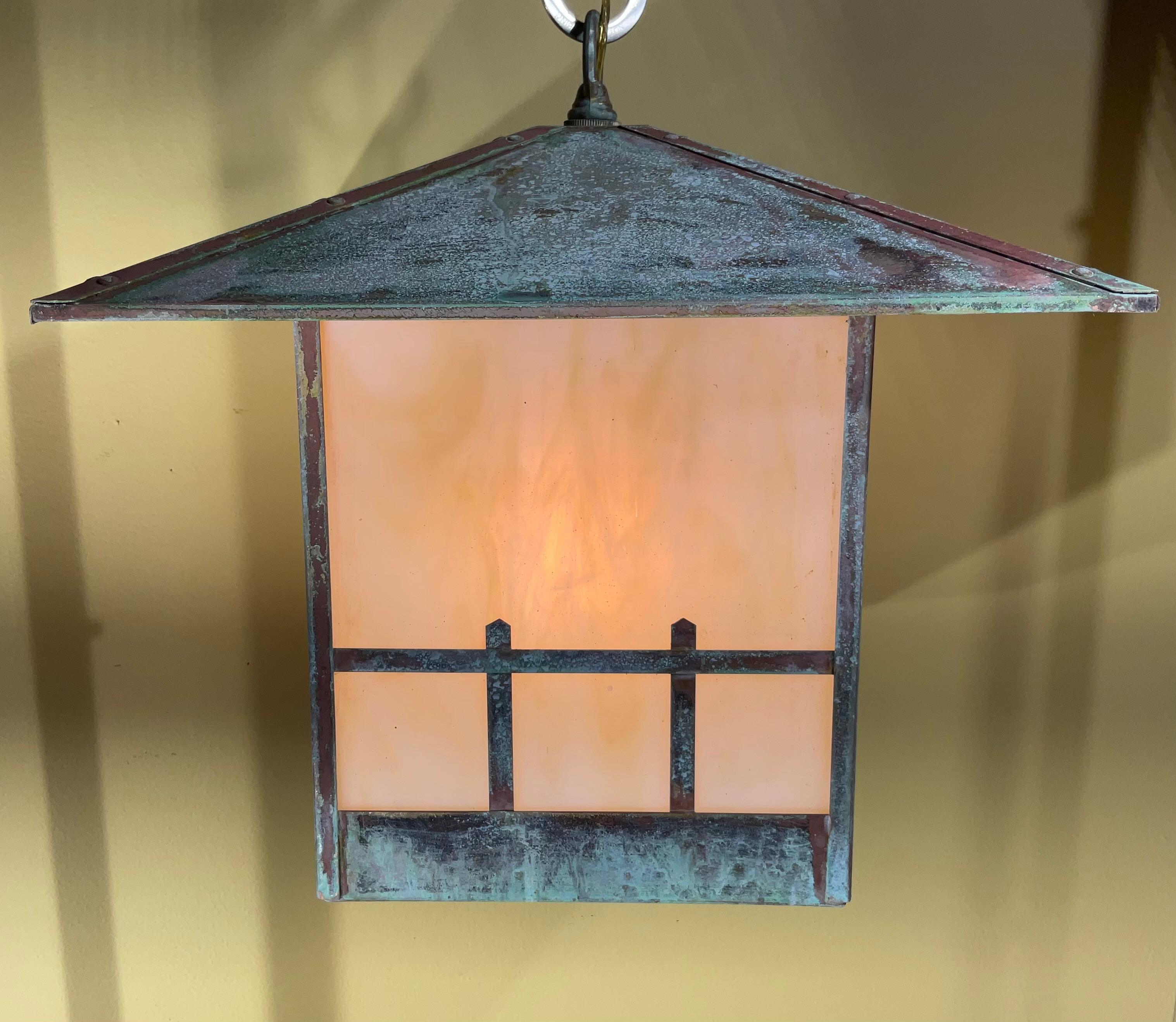 Hand-Crafted Single Arts & Crafts Brass Lantern  Pendant Light with  Art Glass For Sale