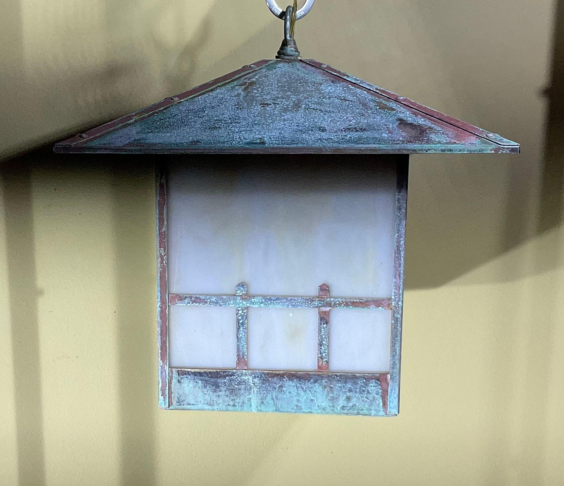 Single Arts & Crafts Brass Lantern  Pendant Light with  Art Glass In Good Condition For Sale In Delray Beach, FL