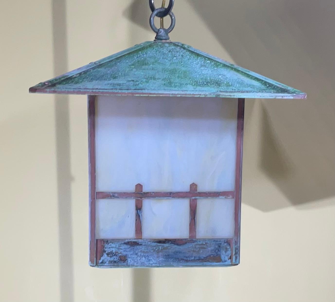 Single Arts & Crafts Brass Lantern  Pendant Light with  Art Glass In Good Condition For Sale In Delray Beach, FL