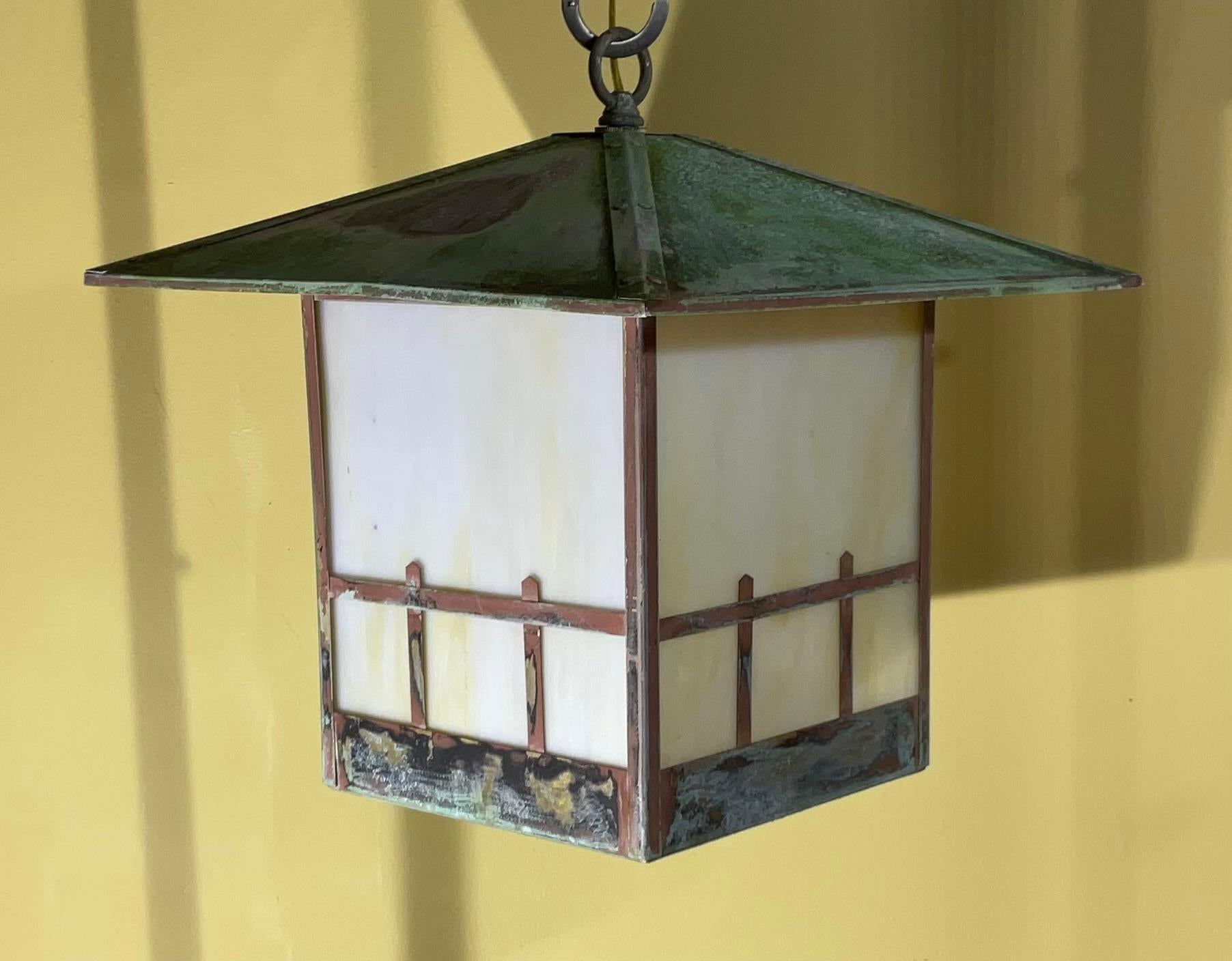 Single Arts & Crafts Brass Lantern  Pendant Light with  Art Glass For Sale 1