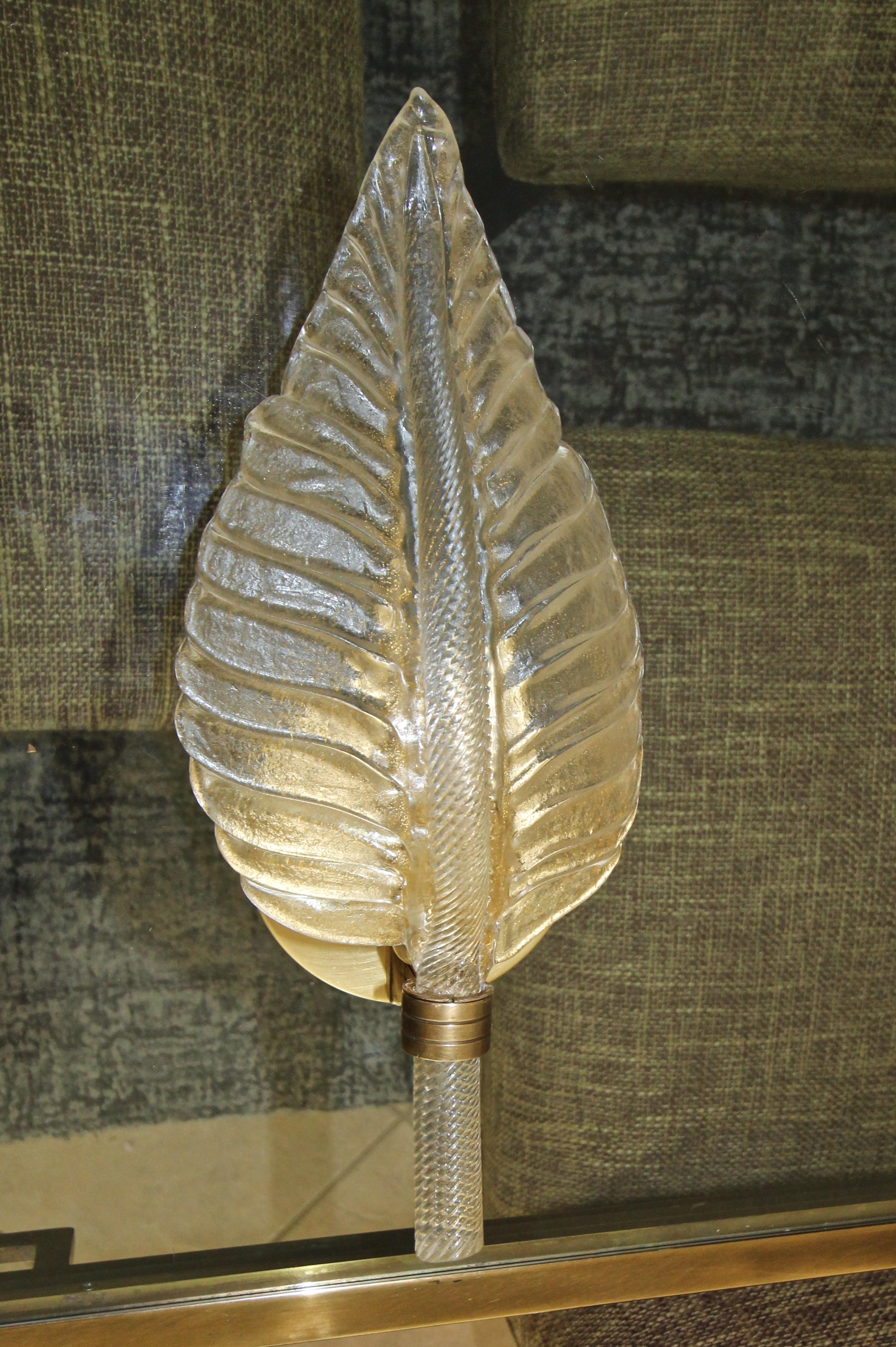 Italian Single Murano Glass Clear and Gold Leaf Wall Sconce