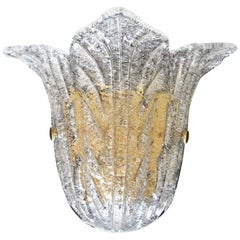 Single Barovier Murano Glass Clear "Rugiadoso" Leaf Wall Sconce