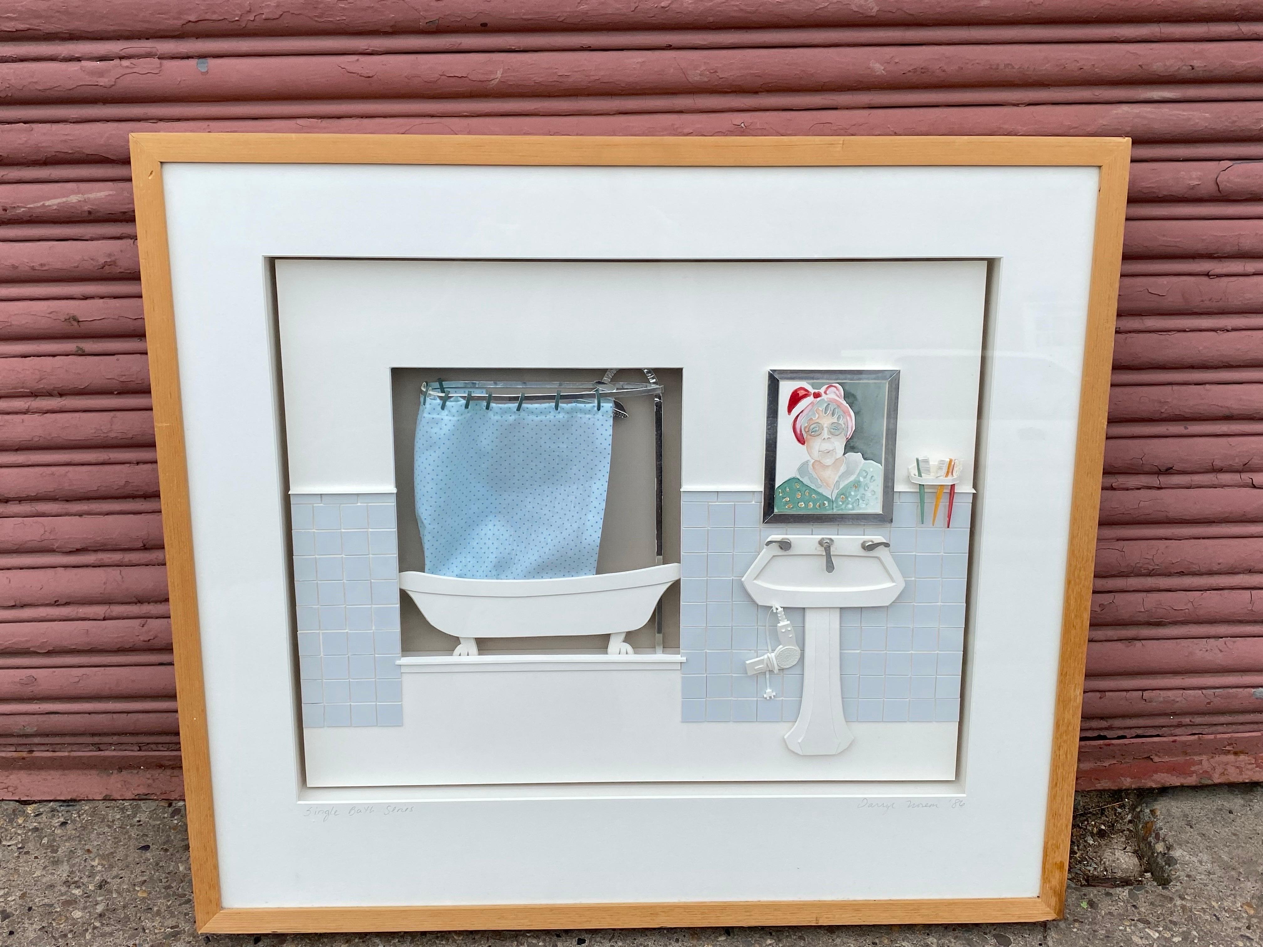 Signed cut paper painting of a bathroom scene by artist Darryl Norem (1949-2011). Beautifully framed in a thick shadow box.  Clever Subject and execution!