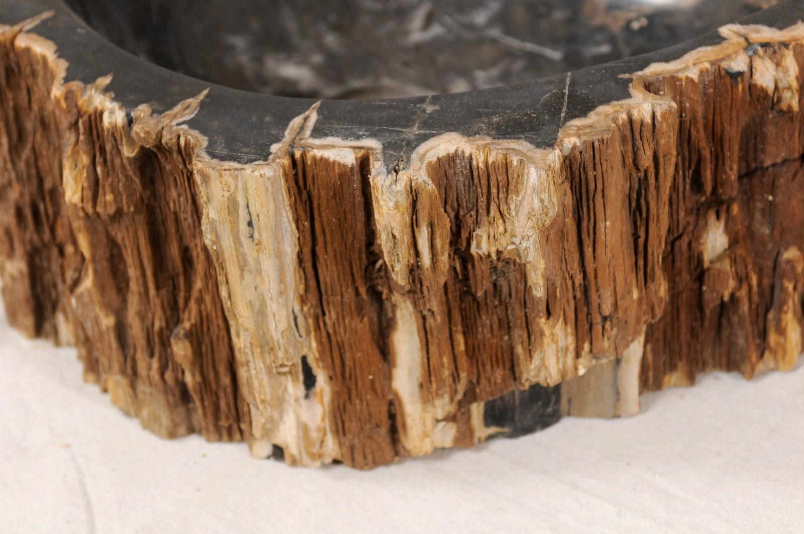 Rustic Single Black and Brown Polished Petrified Wood Sink Wash Basin