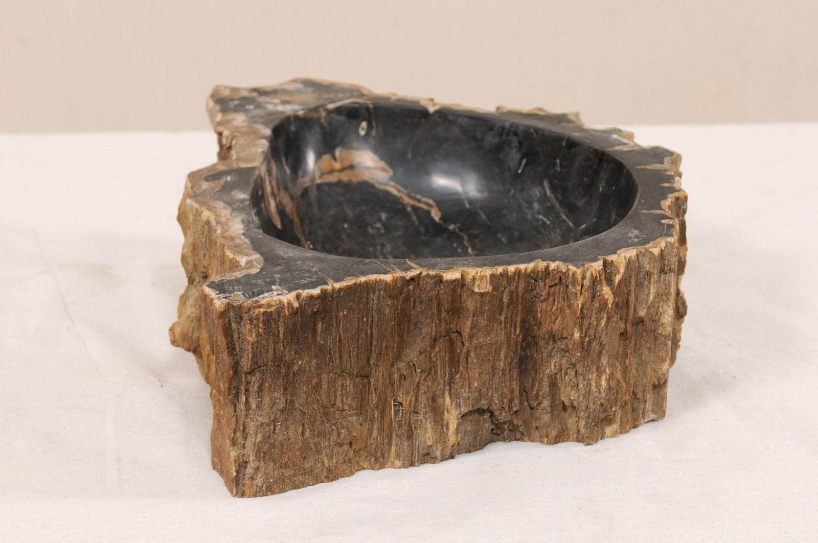 Carved Single Black and Brown Polished Petrified Wood Sink Wash Basin