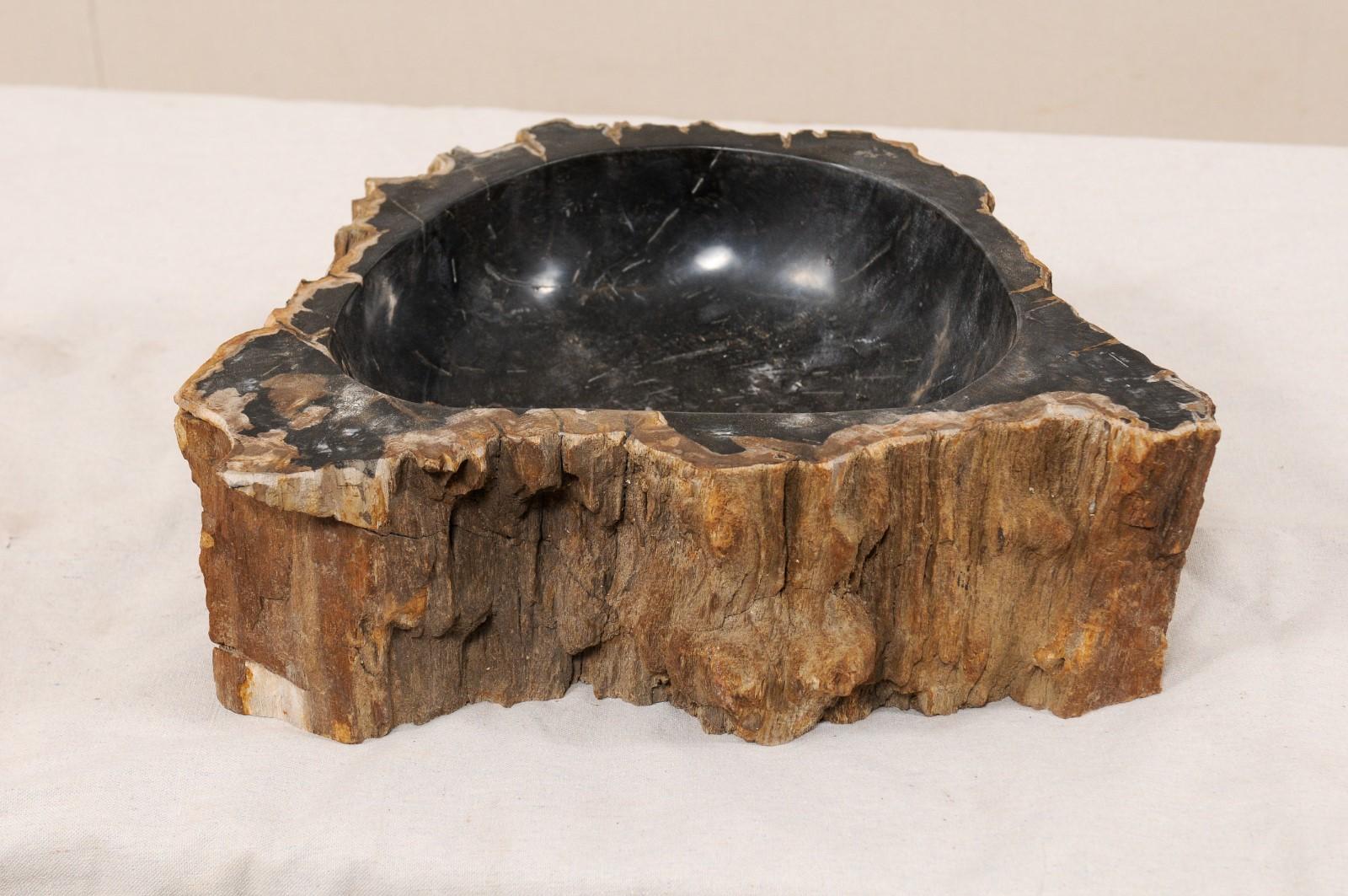 Single Black and Brown Polished Petrified Wood Sink Wash Basin In Good Condition In Atlanta, GA
