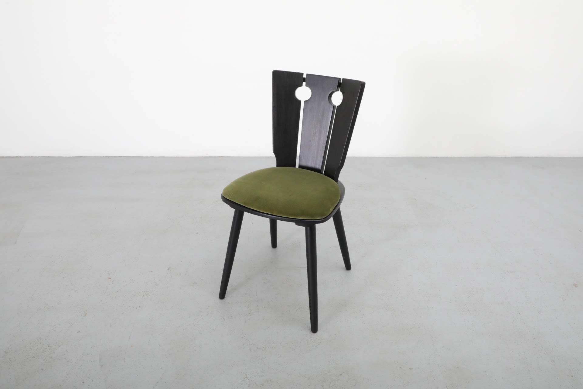 Single Black Stained Oak Brutalist Dining Chair with Olive Velvet Seat 5
