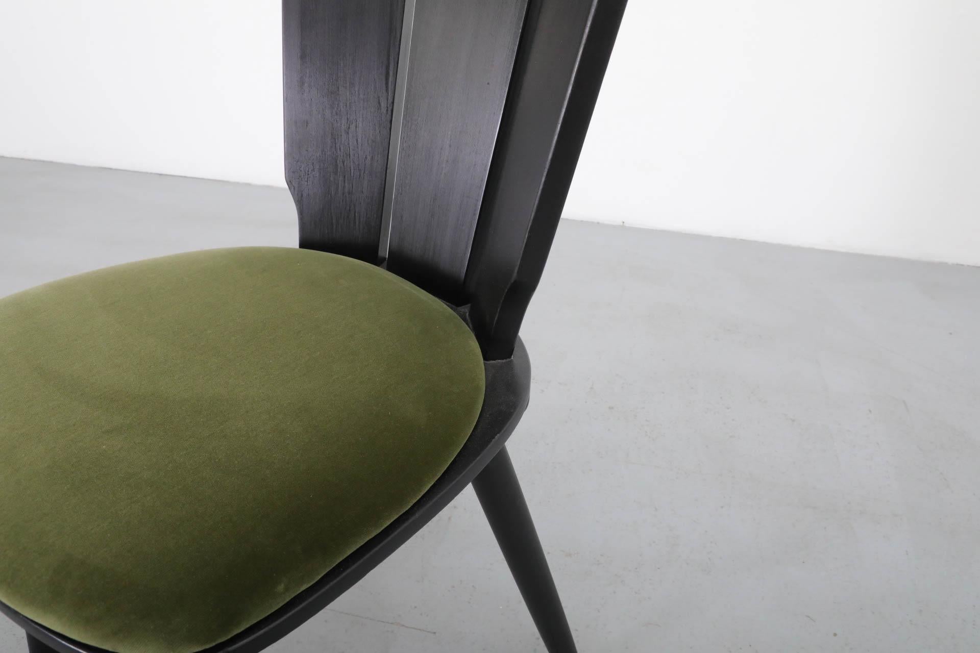 Single Black Stained Oak Brutalist Dining Chair with Olive Velvet Seat 7